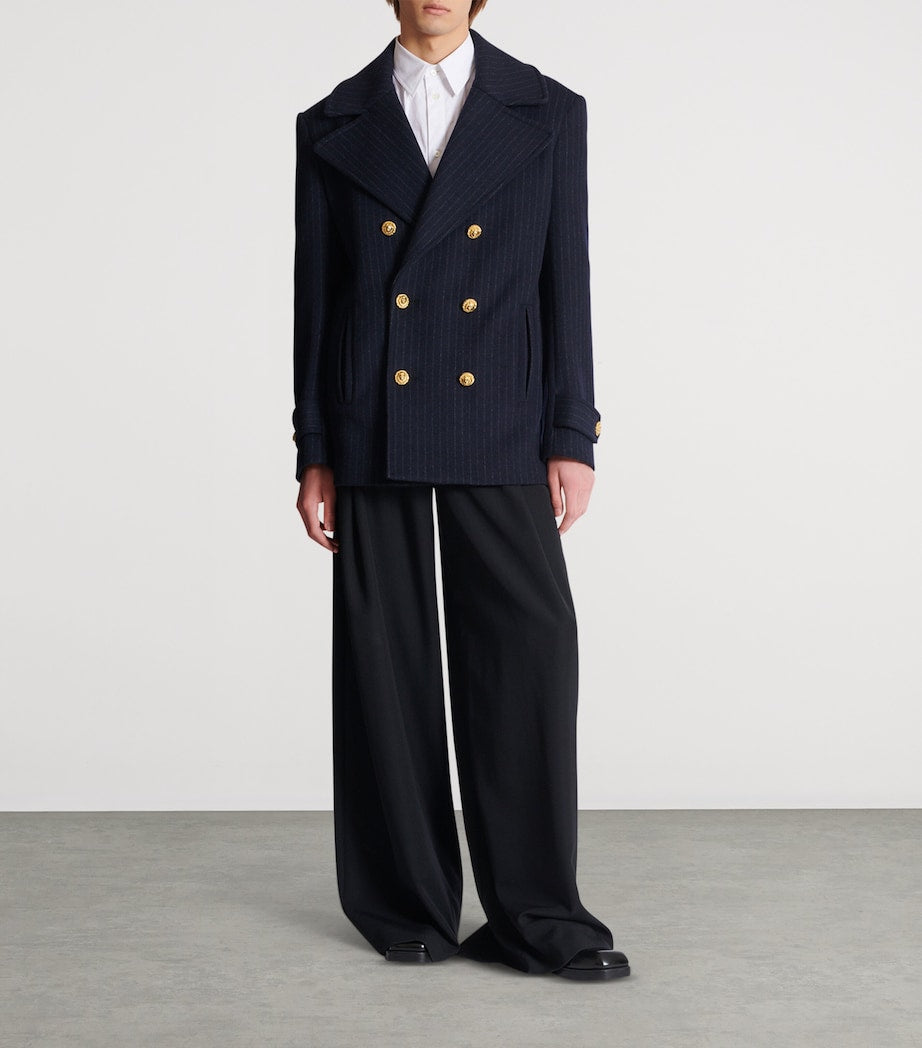Balmain Merino Wool-Blend Stripe Pea Coat