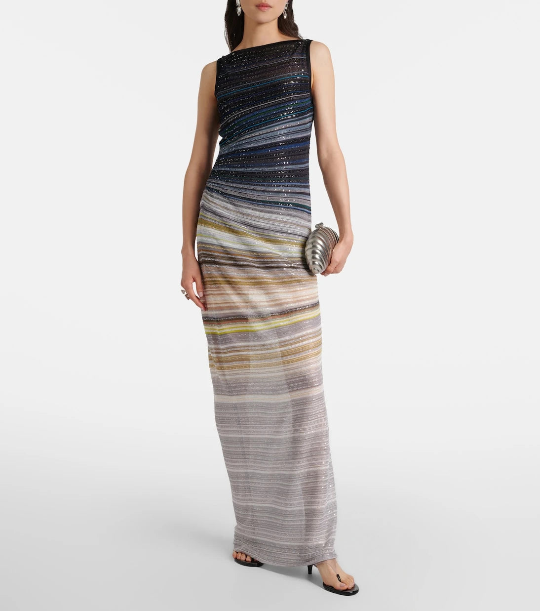 Missoni - فستان طويل ماكسي لاميه مخطط مزين بالترتر