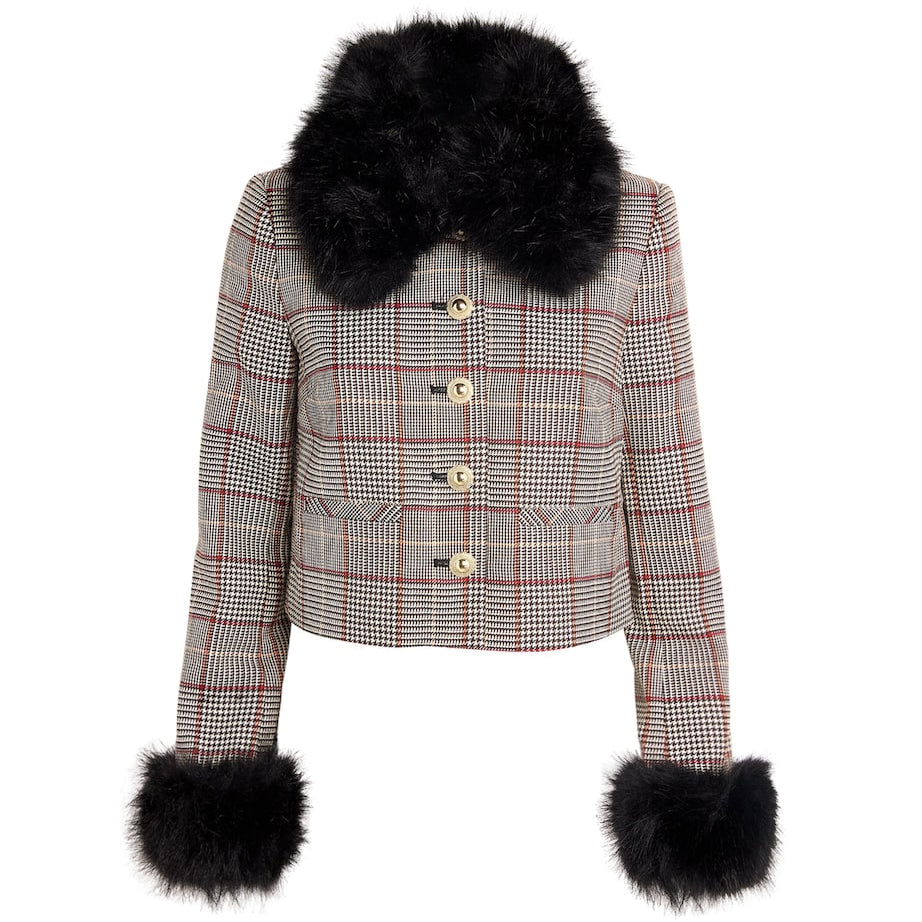 Self-Portrait Brown Faux Fur-Trim Check Jacket