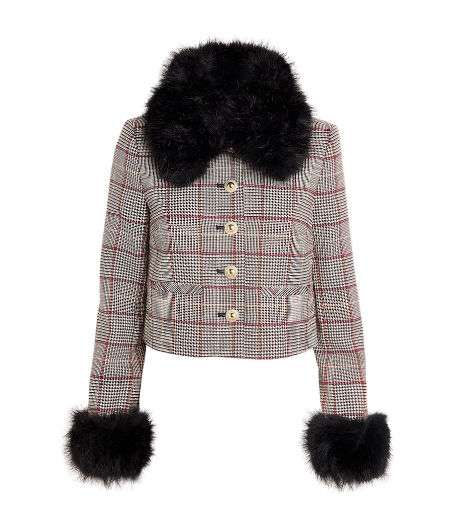 Self-Portrait Brown Faux Fur-Trim Check Jacket