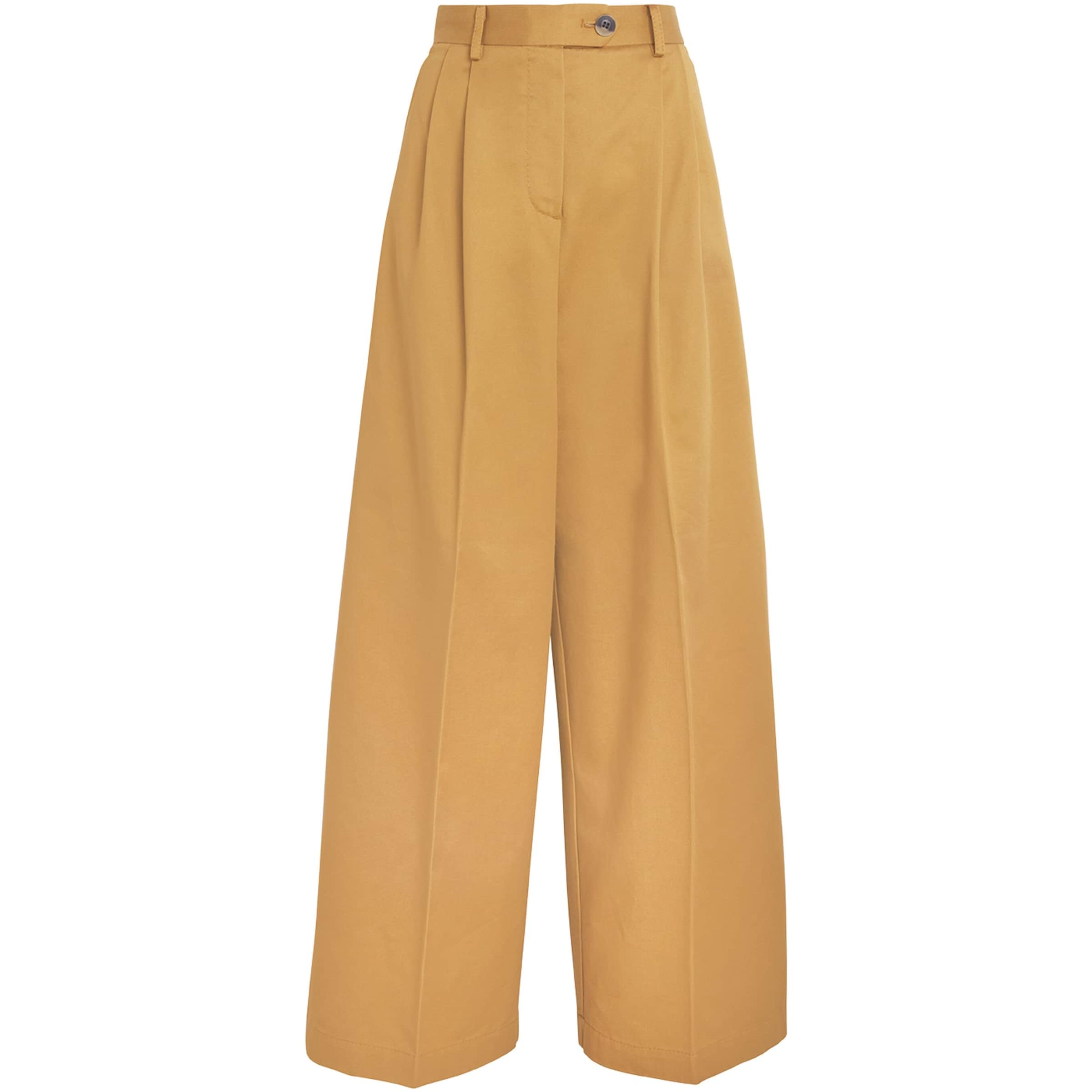 Yellow Cotton Pleated Wide-Leg Trousers