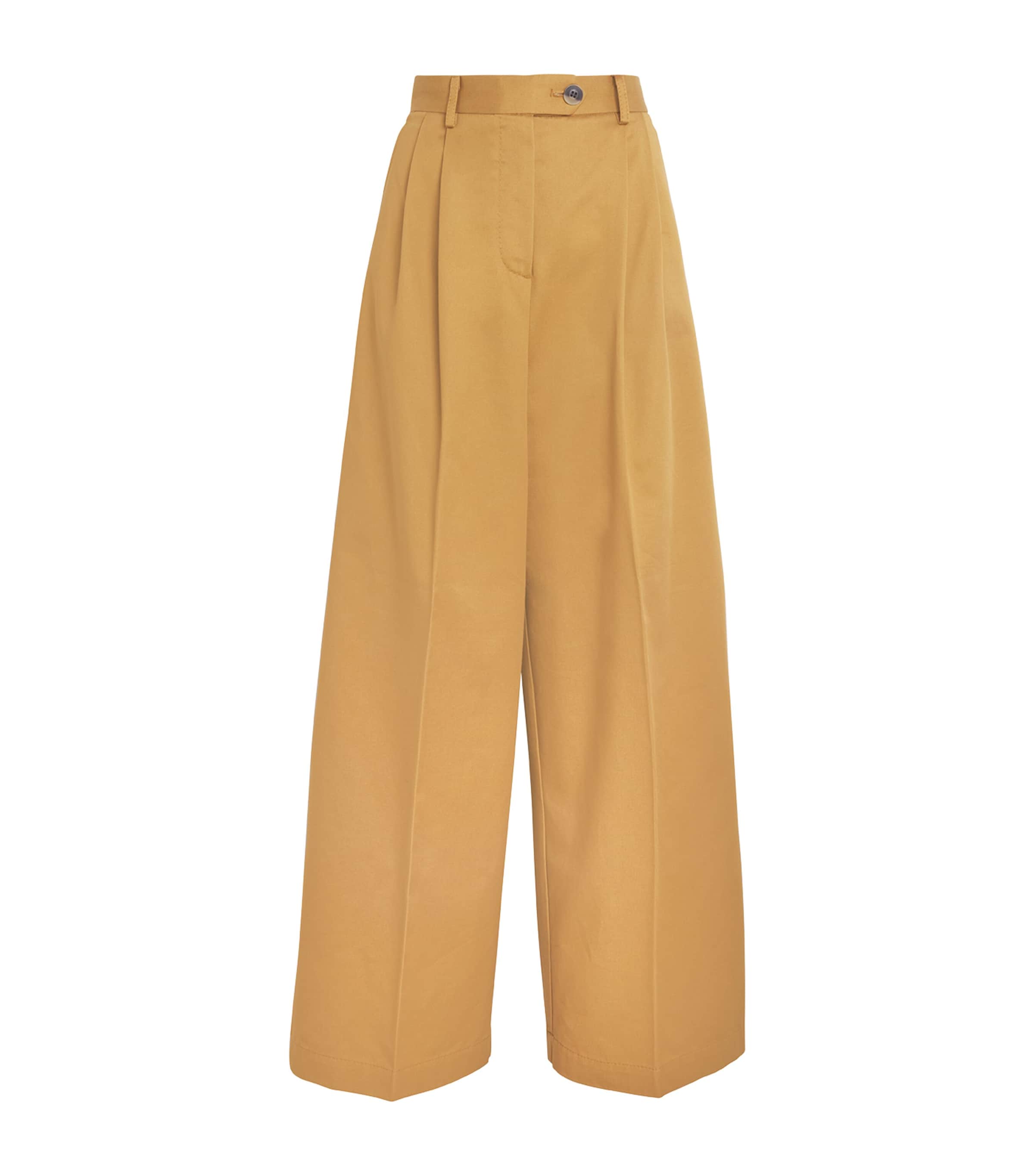 Yellow Cotton Pleated Wide-Leg Trousers
