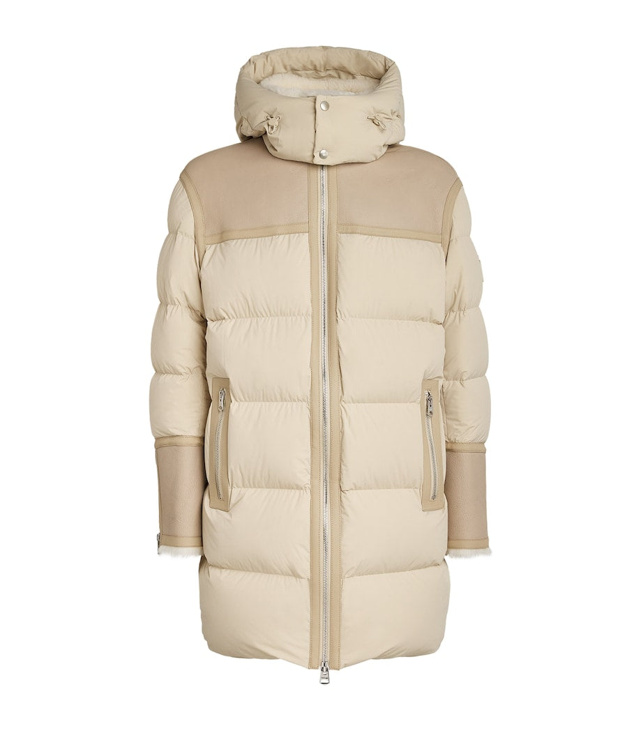Beige Down Leather-Trim Parka