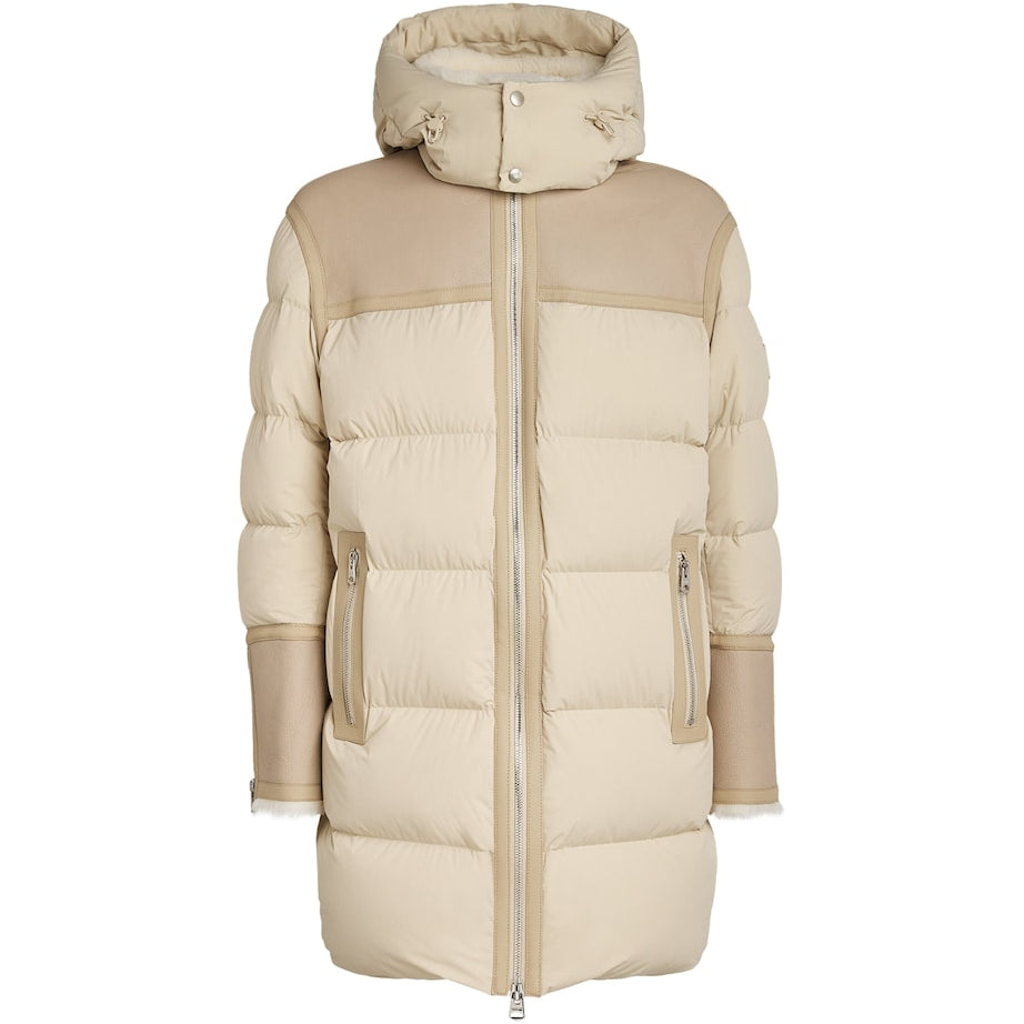Beige Down Leather-Trim Parka