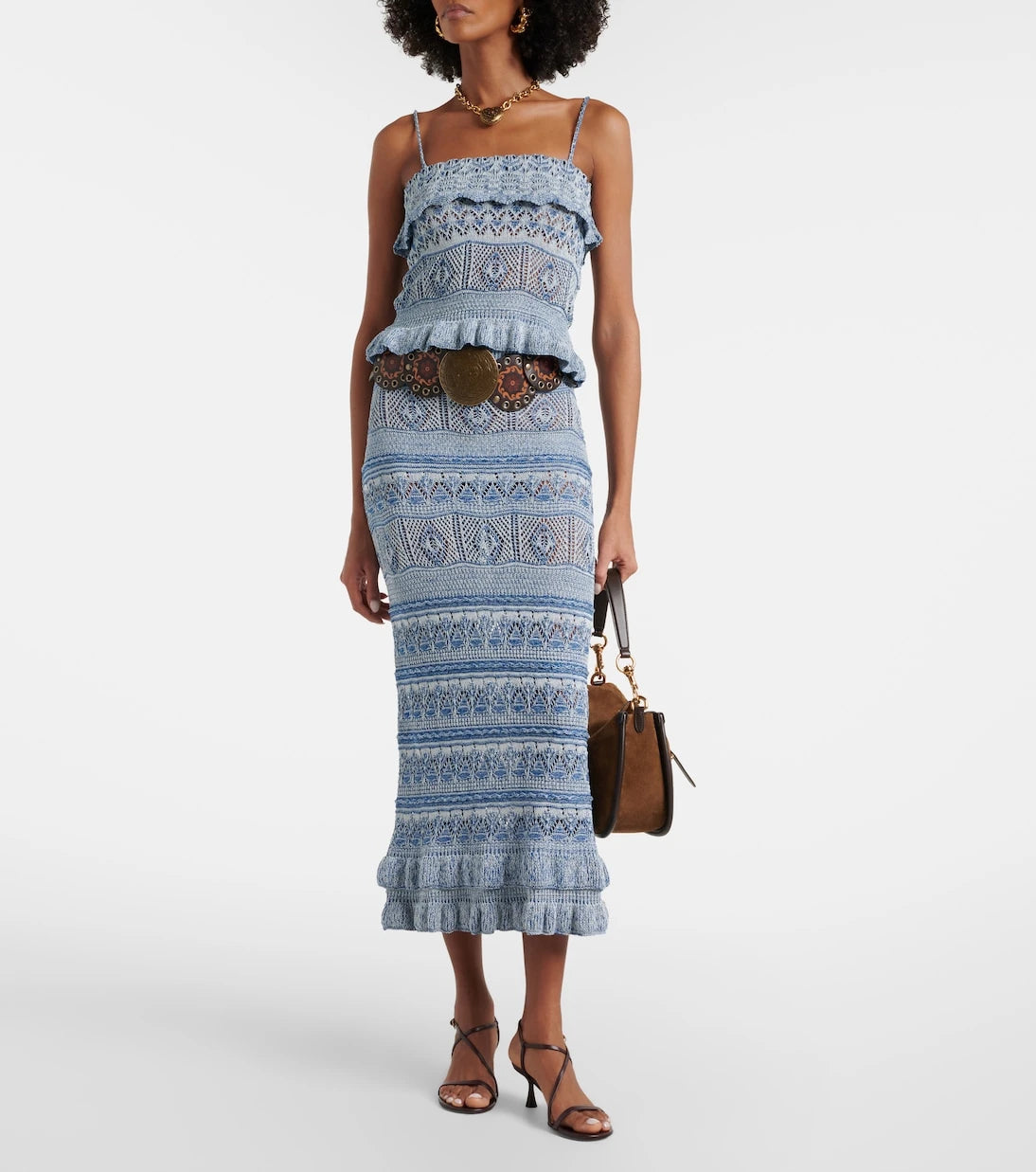 Etro - Crochet ruffled cotton midi skirt