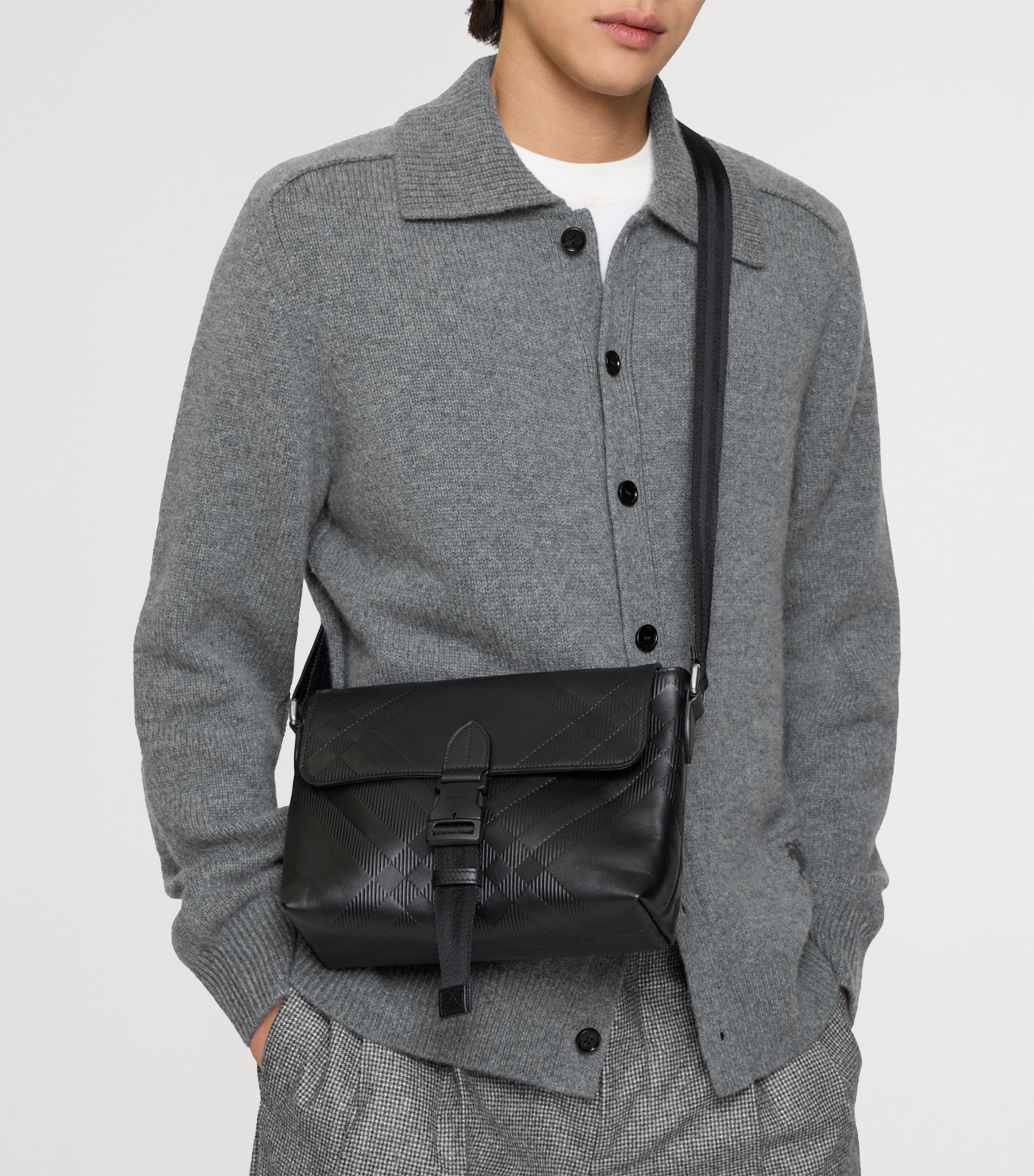 Burberry Small Leather Check-Embossed Messenger Bag