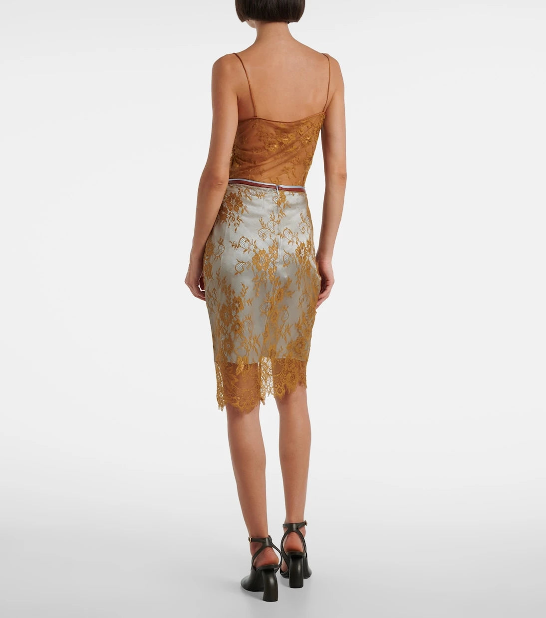 Jacques Wei - Embroidered leather-trimmed lace midi skirt