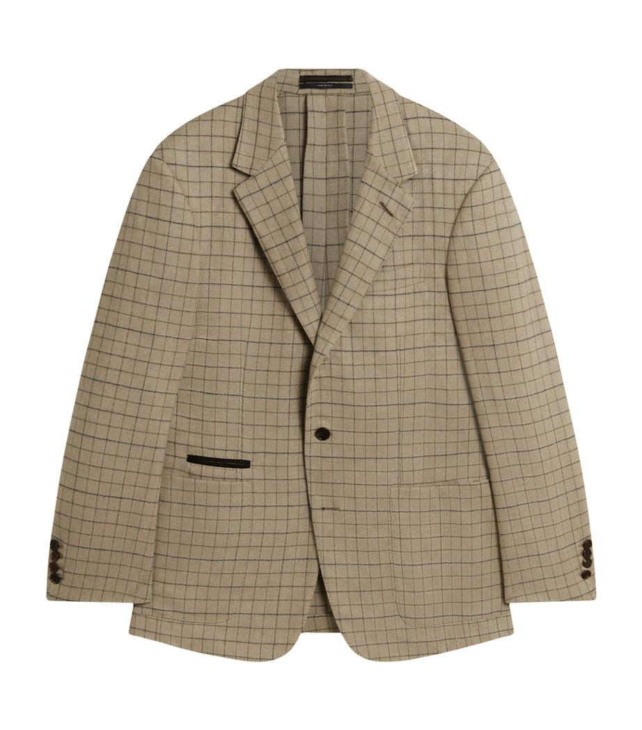 Beige Virgin Wool-Cashmere Tattersall Check Bourdon Blazer