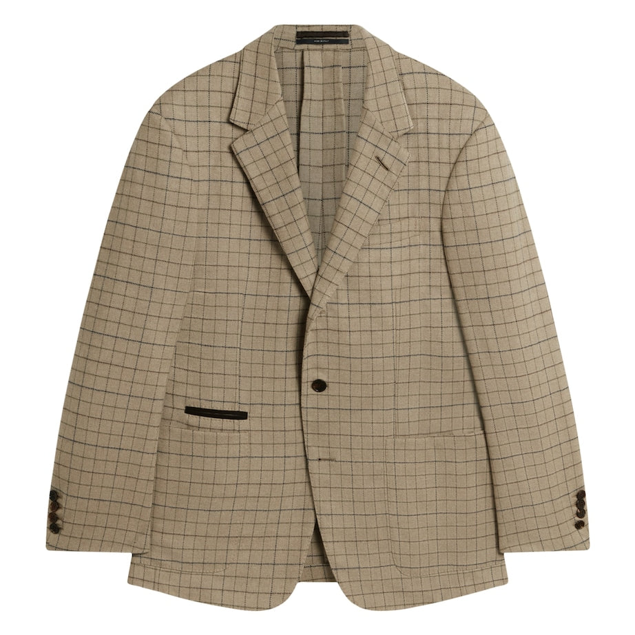 Beige Virgin Wool-Cashmere Tattersall Check Bourdon Blazer