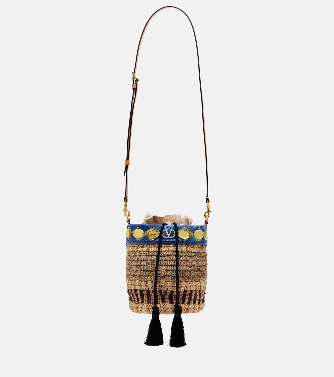 Valentino Garavani - VLogo Small embellished raffia-effect bucket bag