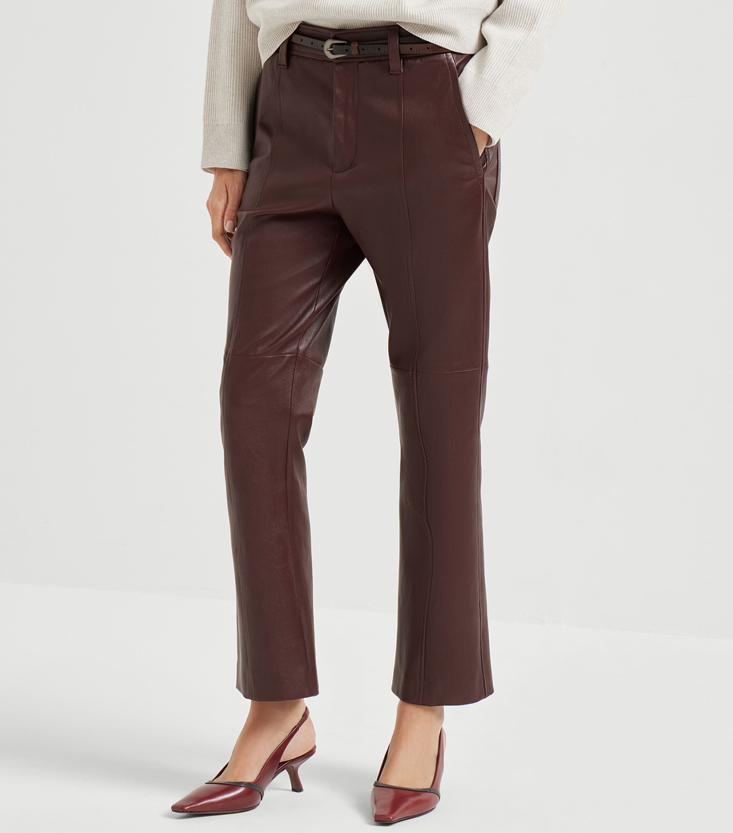 Red Nappa Leather Straight Trousers