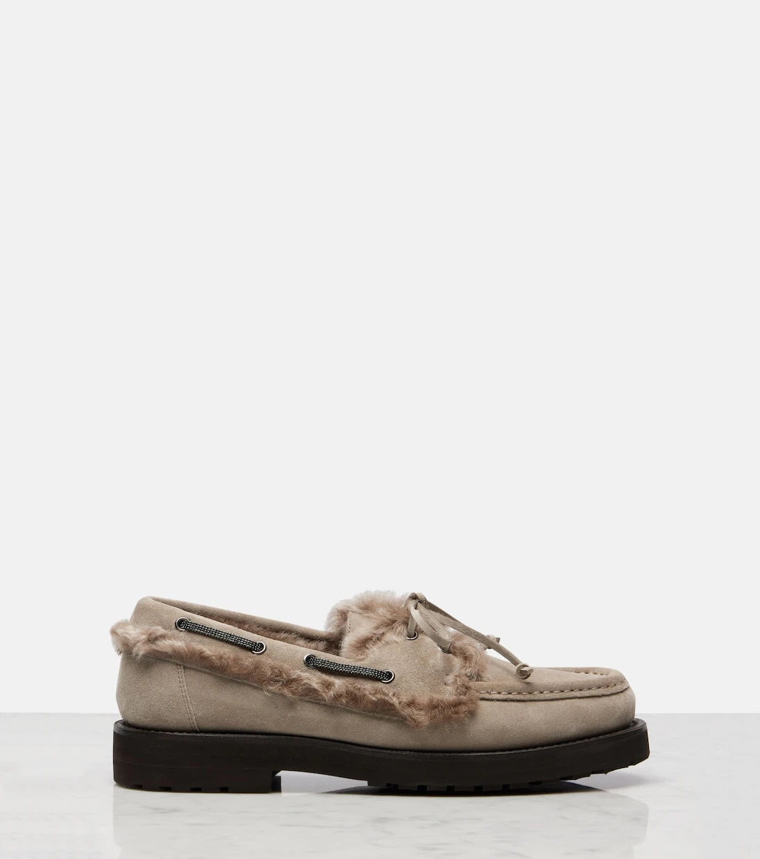 Brunello Cucinelli - Monili shearling-trimmed suede boat shoes