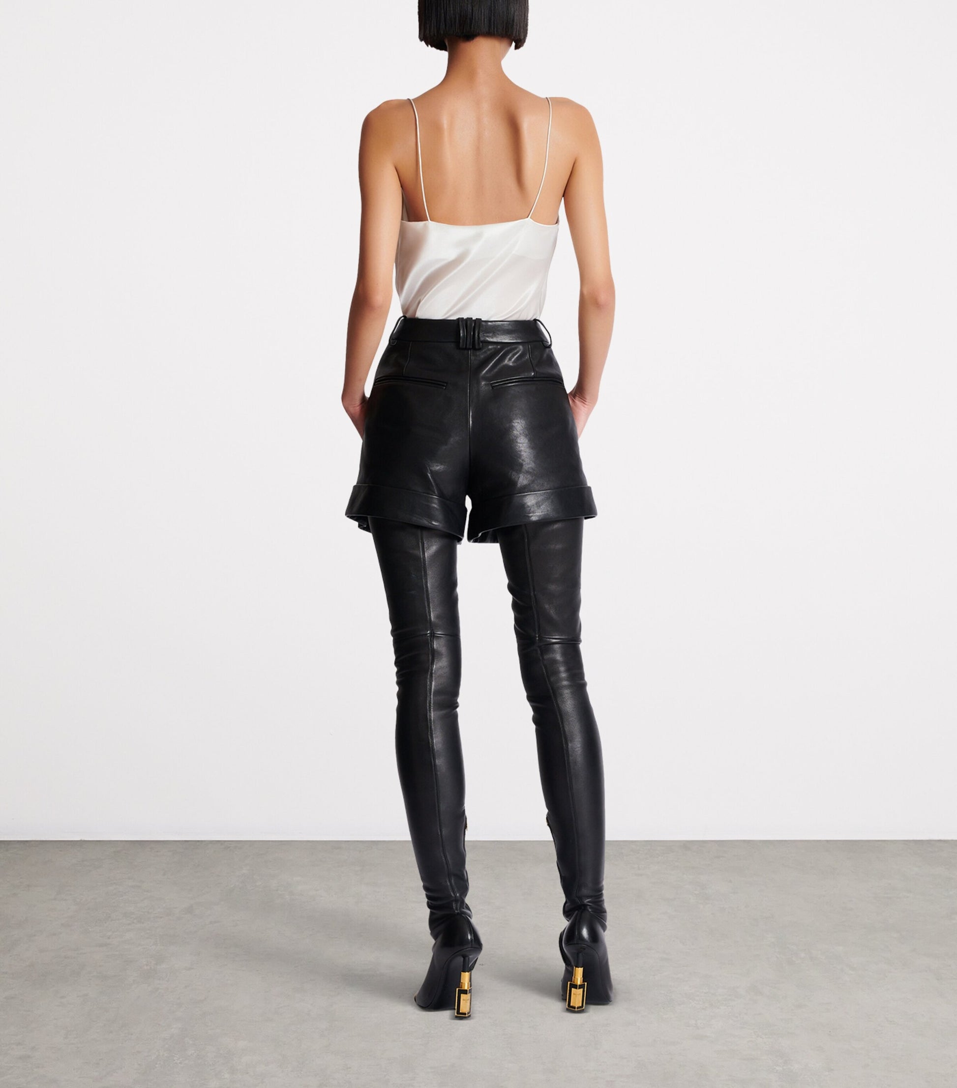 Balmain Black Lambskin Pleated Shorts