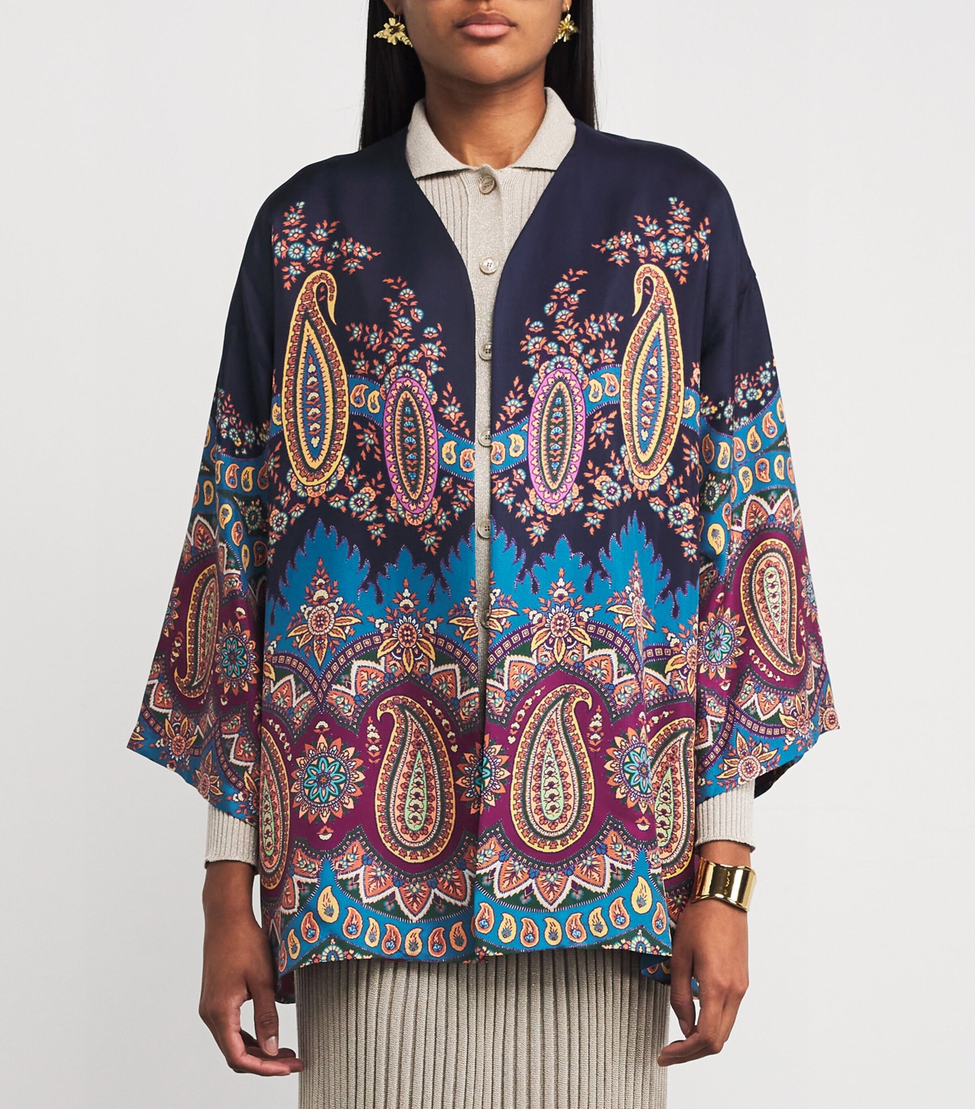 Multi Silk Paisley Print Short Robe