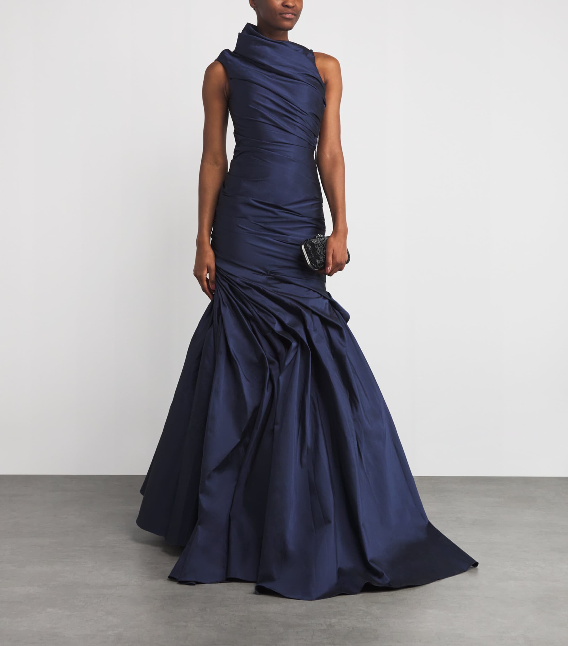 Marmar Halim Navy Taffeta Draped Asymmetric Gown