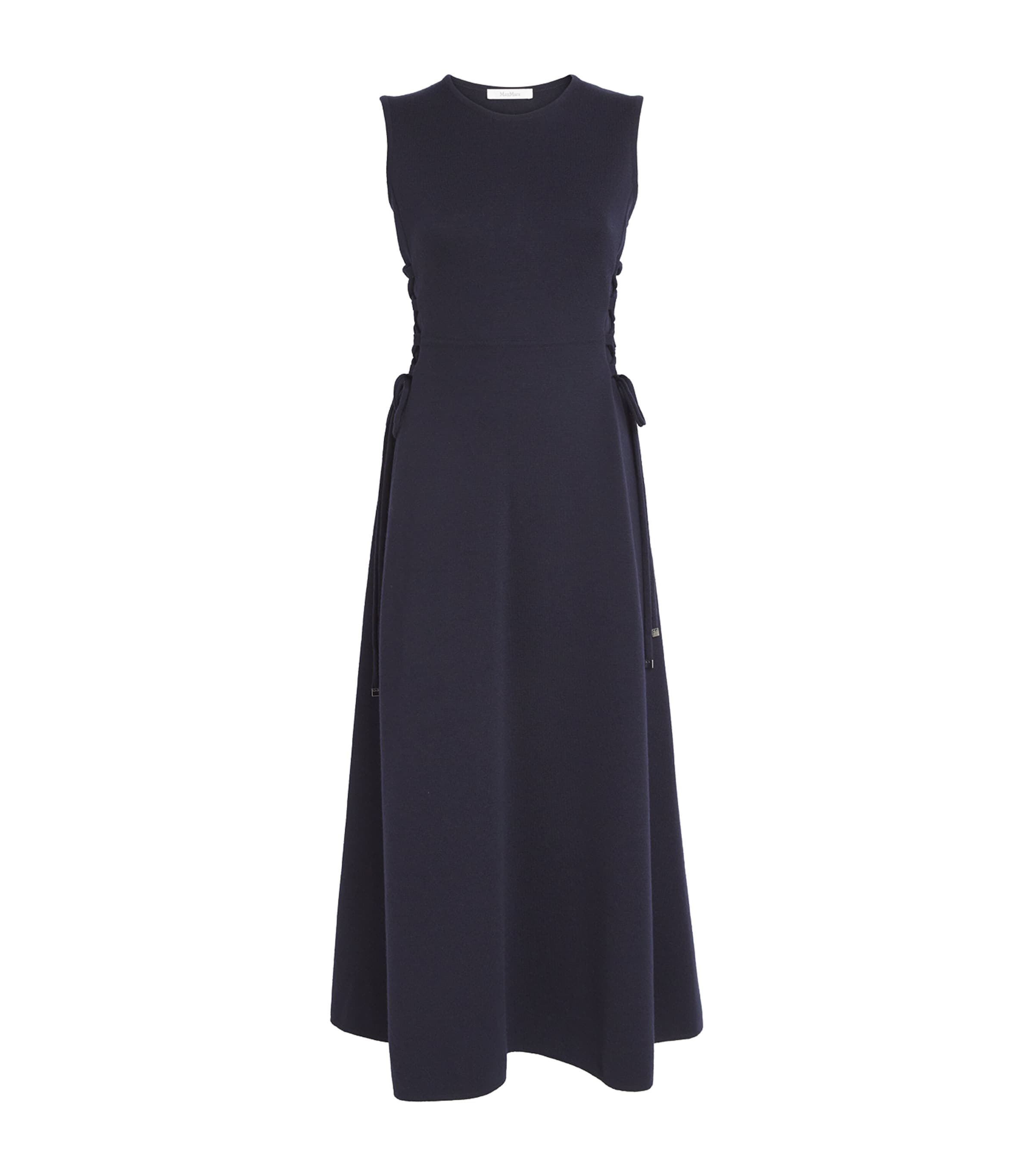 Max Mara Blue Virgin Wool Drawstring Midi Dress