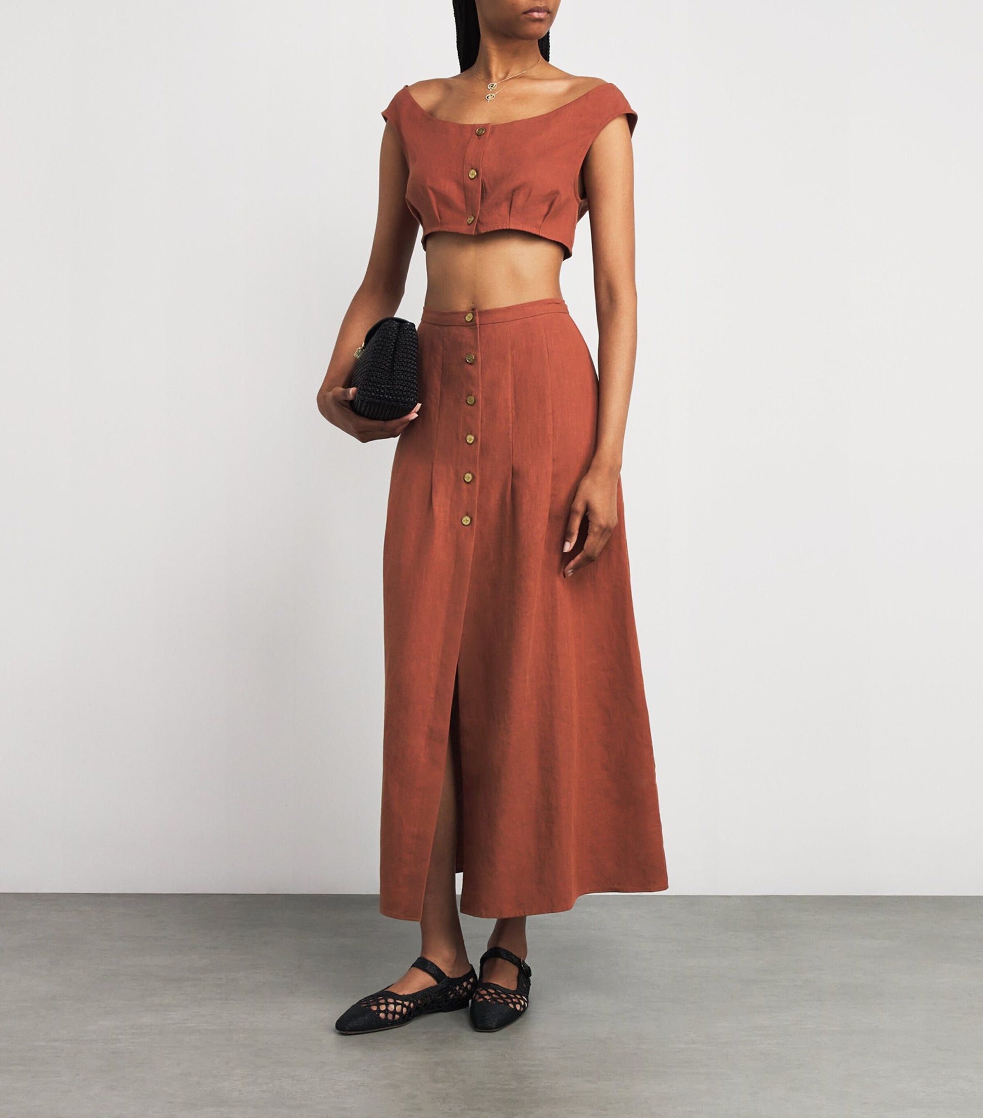 Le Kasha Red Linen Coin-Detail Tamra Crop Top