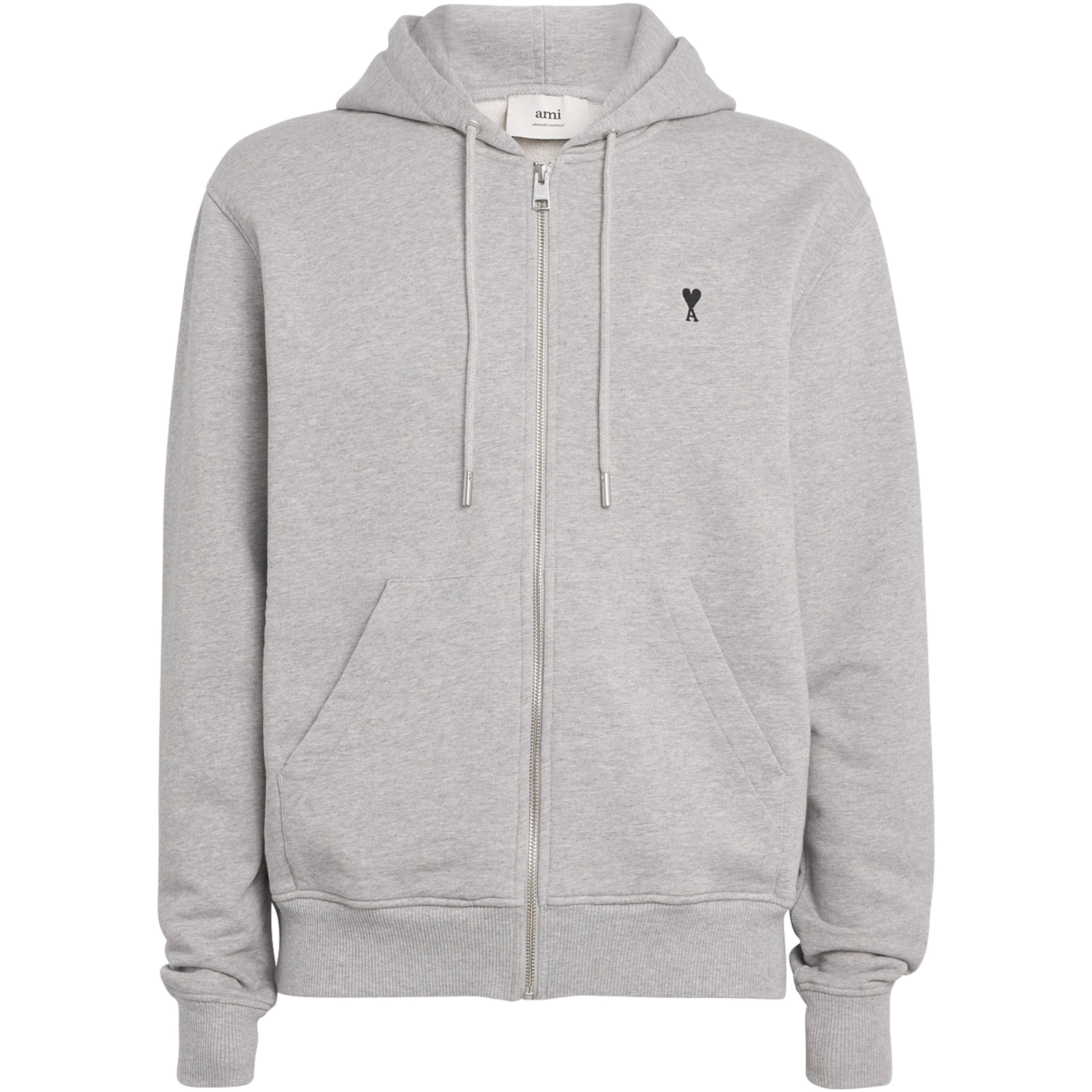 AMI Paris Grey Organic Cotton Ami de Coeur Zip-Up Hoodie