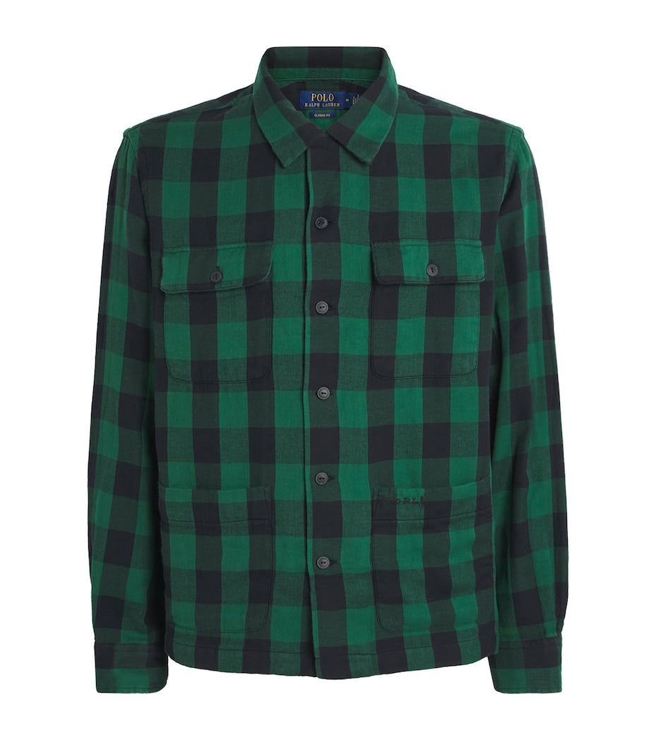Green Cotton Flannel Check Overshirt