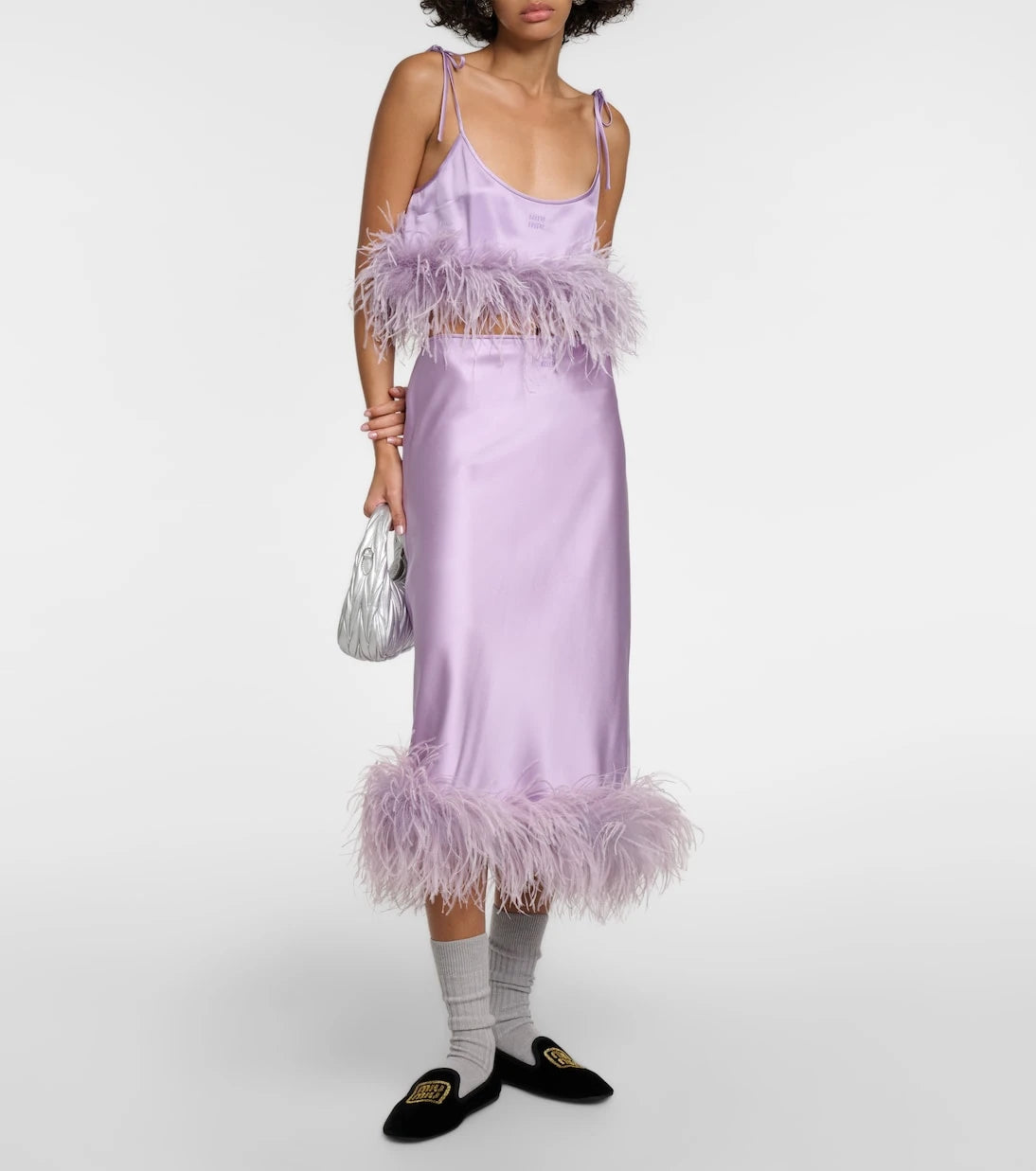 Miu Miu - Feather-trimmed satin midi skirt