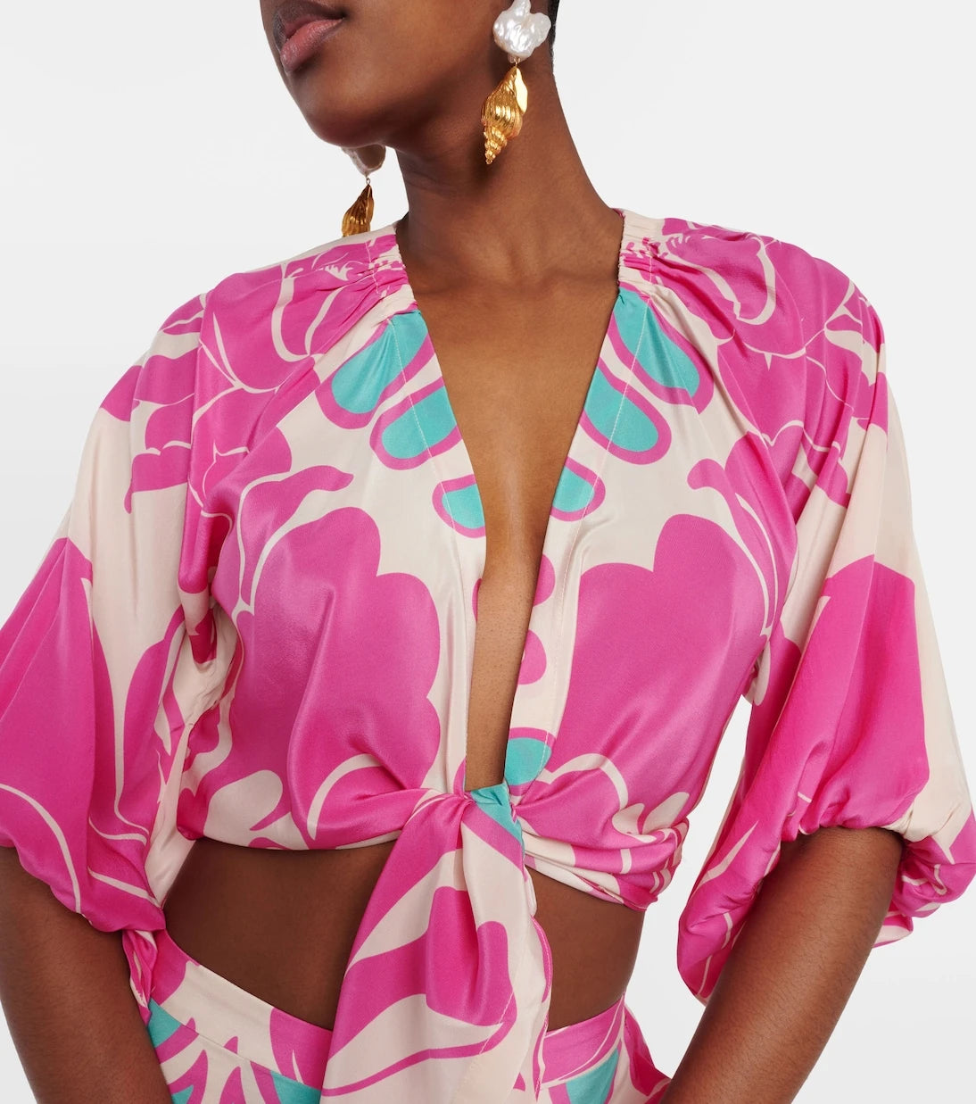 Adriana Degreas - Printed puff-sleeve silk blouse