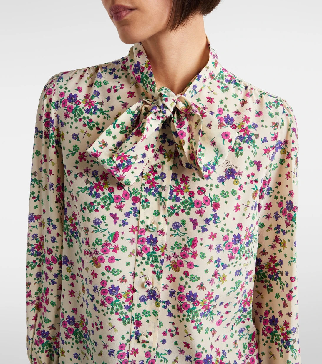 Gucci - Floral tie-neck silk shirt