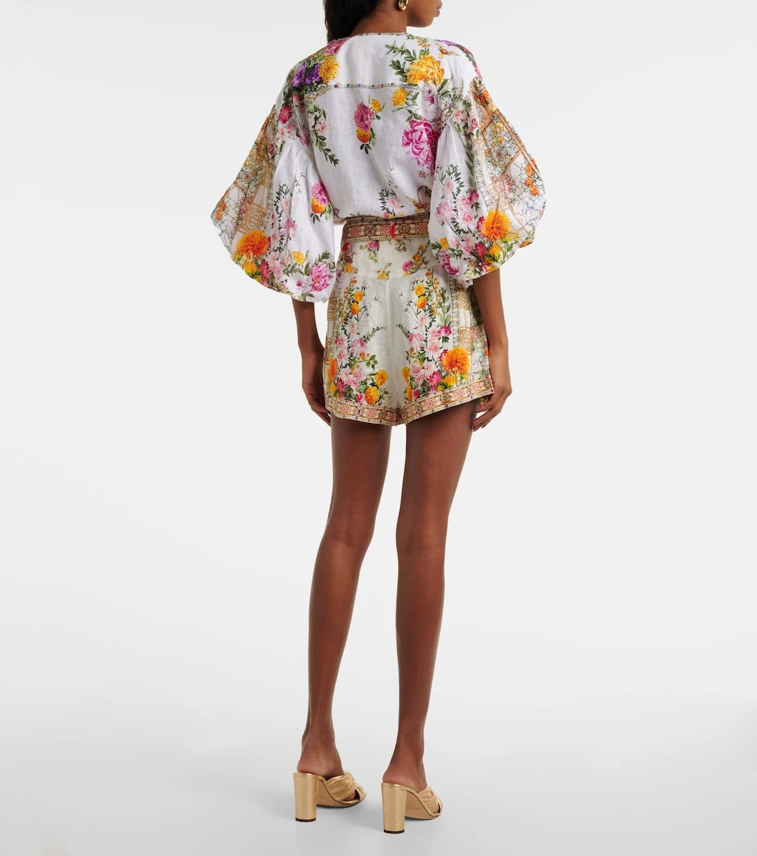 Camilla - Floral high-rise belted linen shorts