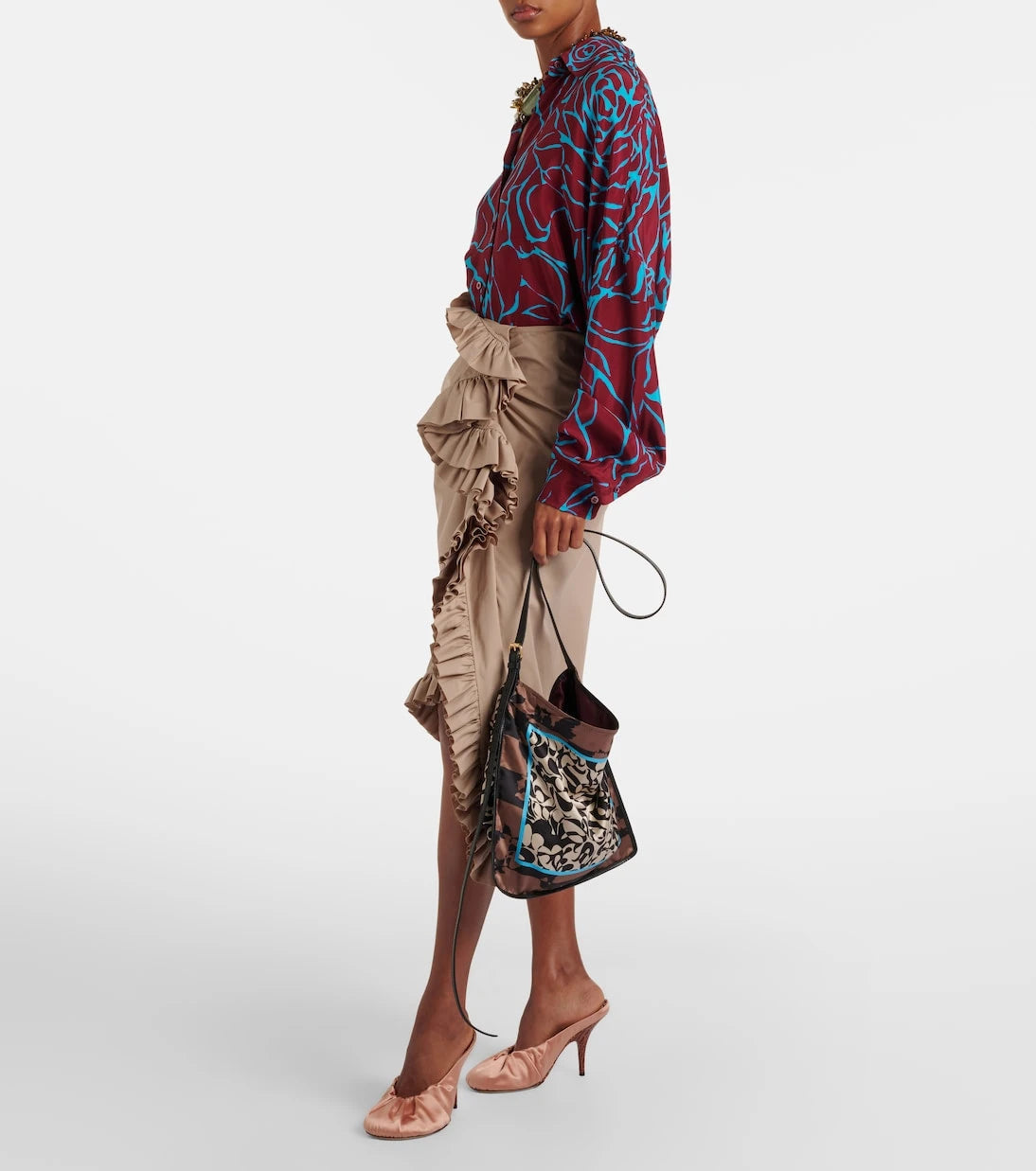 Dries Van Noten - حقيبة كتف صغيرة من الساتان المطبوع