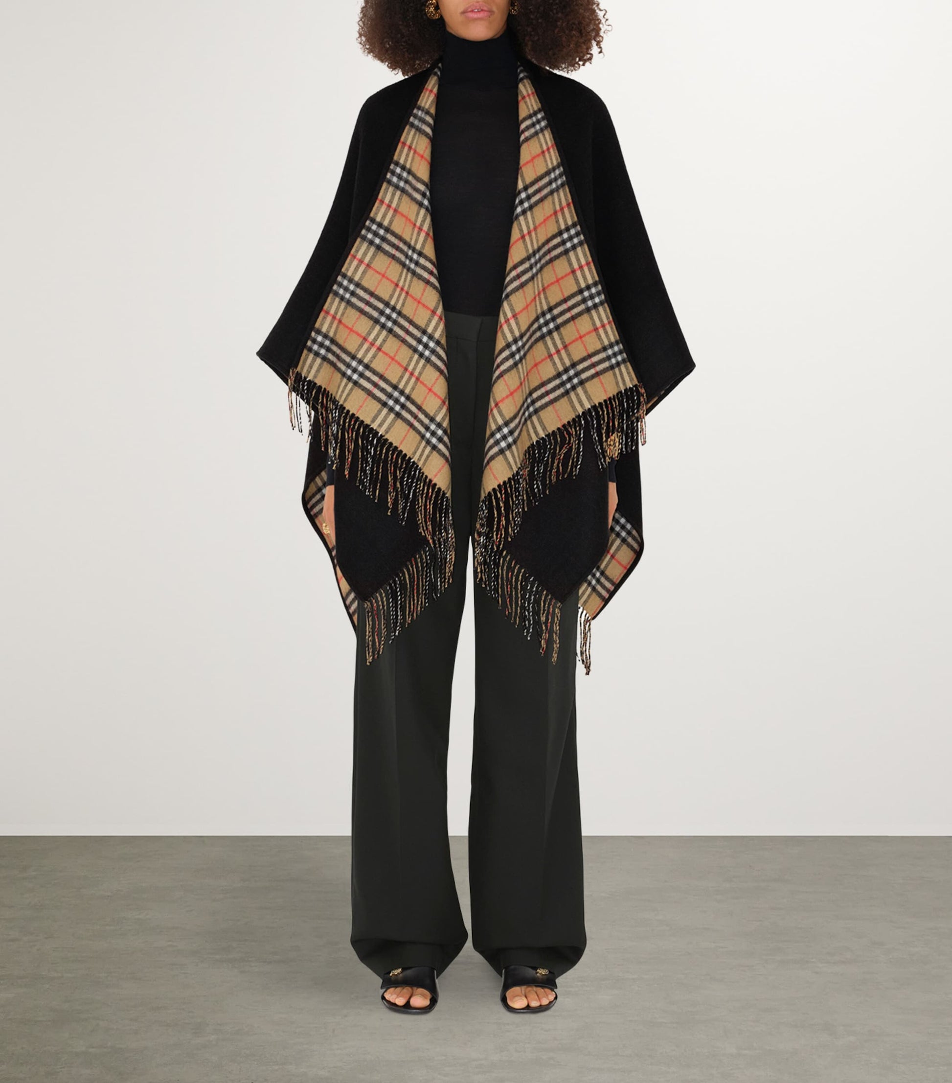 Black Wool Reversible Check Cape
