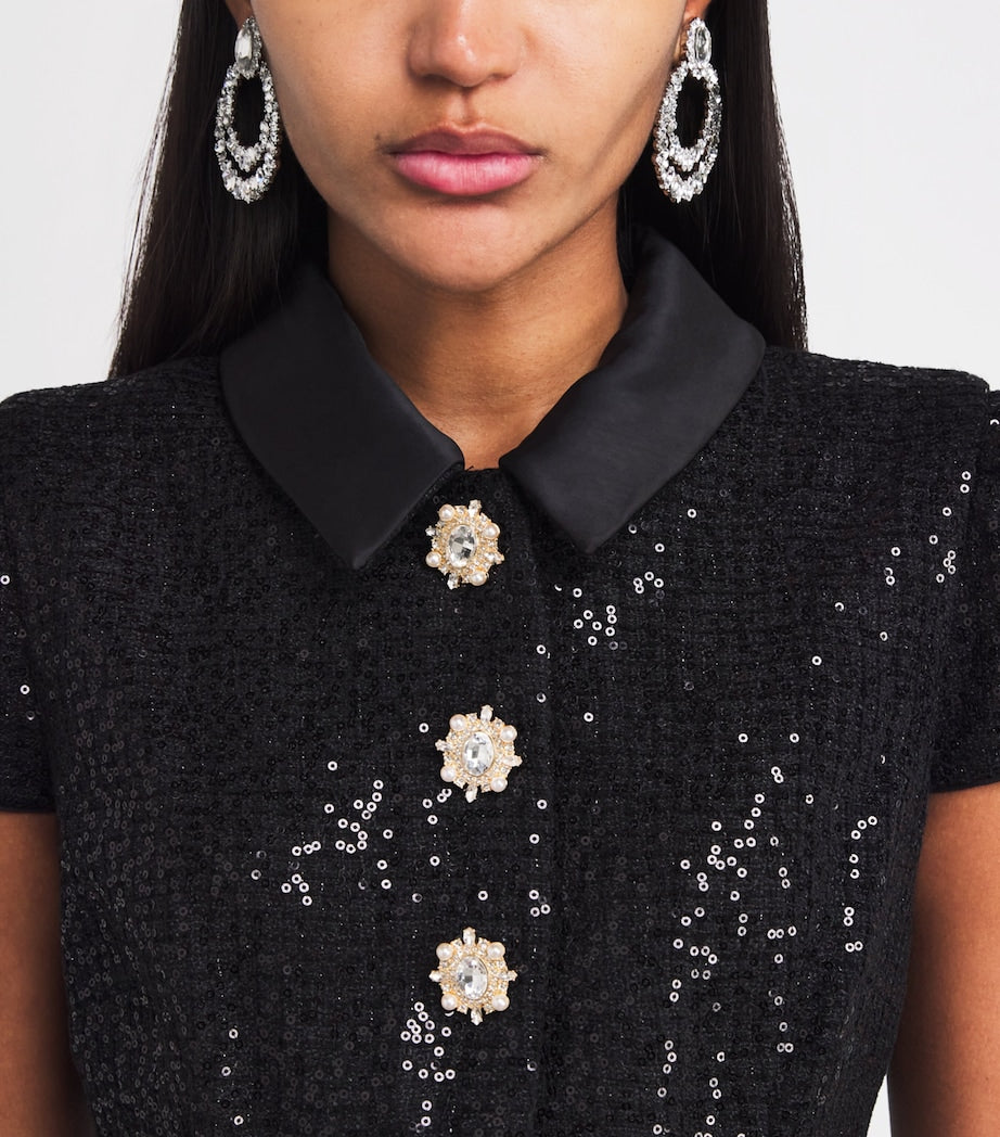 Self-Portrait Black Satin Sequin-Embellished Maxi Dress