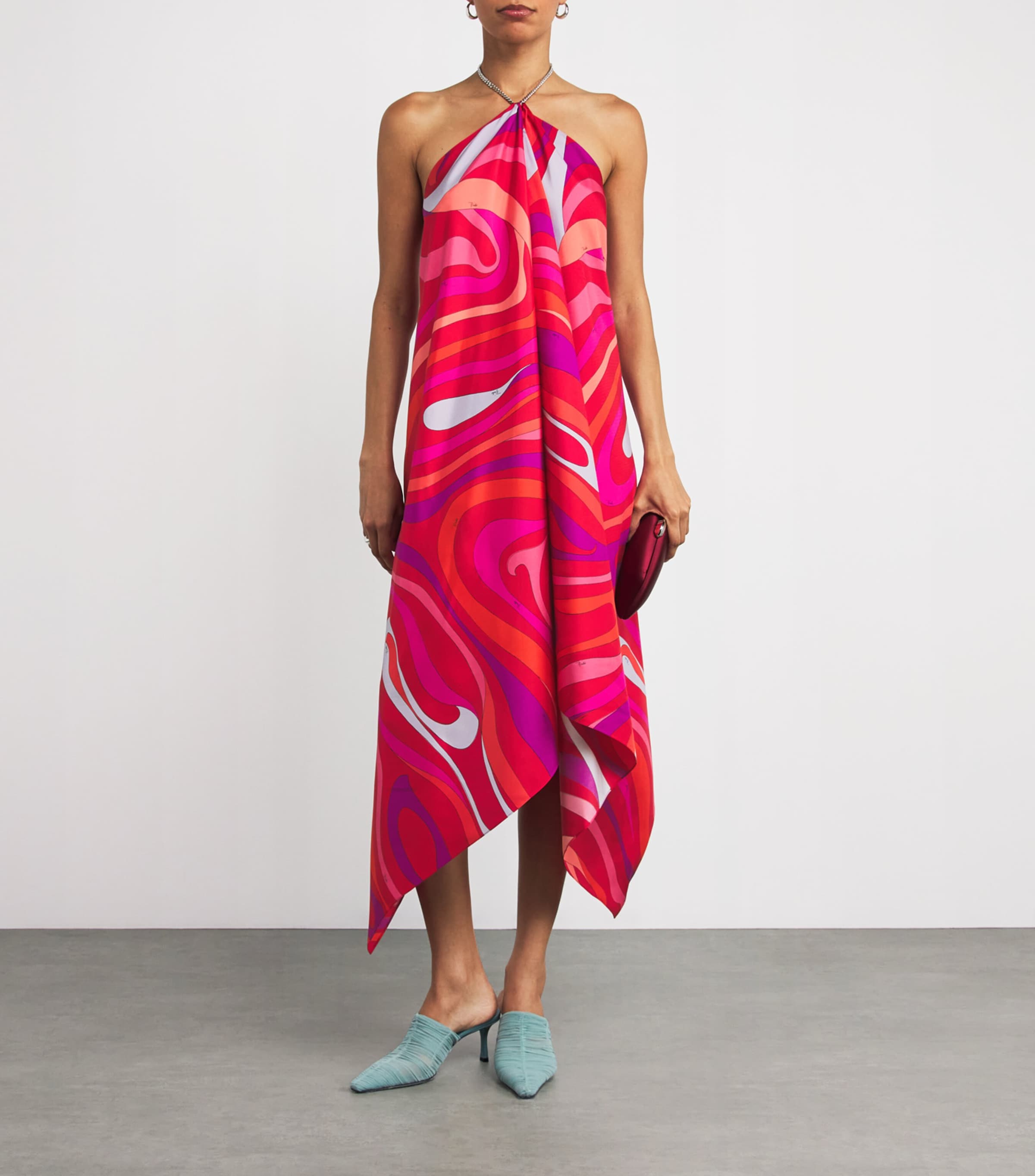 Multi Silk Marmo Print Asymmetric Midi Dress