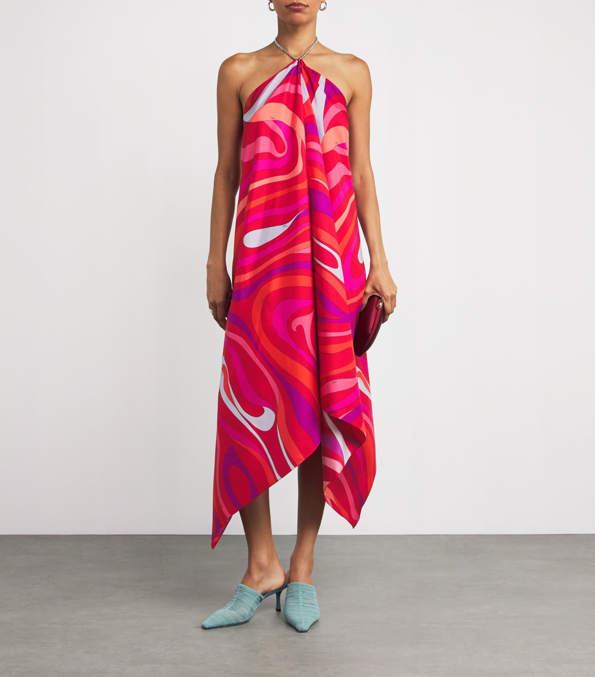 Multi Silk Marmo Print Asymmetric Midi Dress