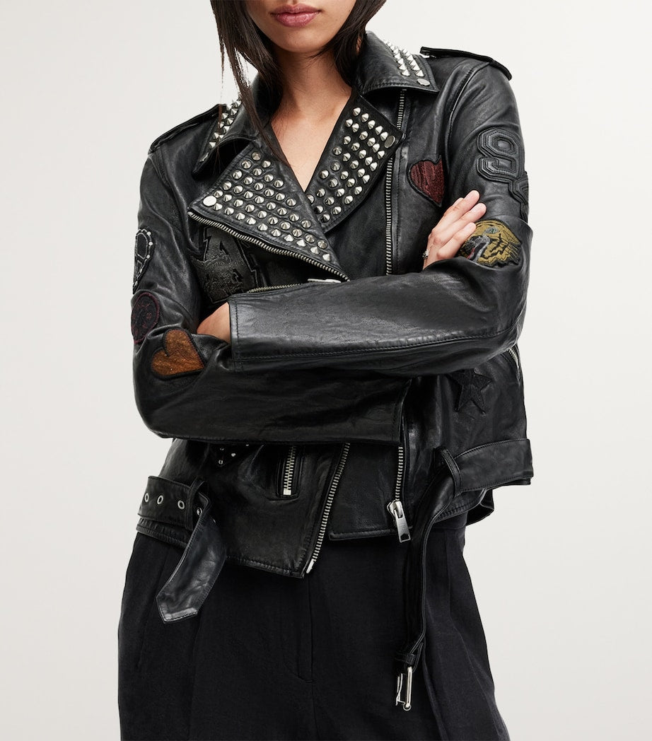 Black Leather College Biker Jacket