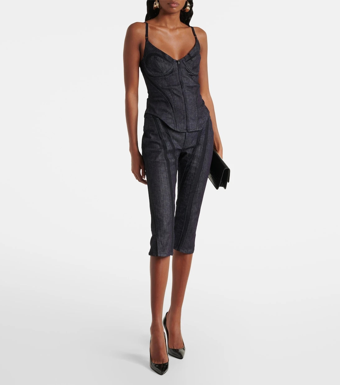 Mugler - Mesh-trimmed denim capri pants