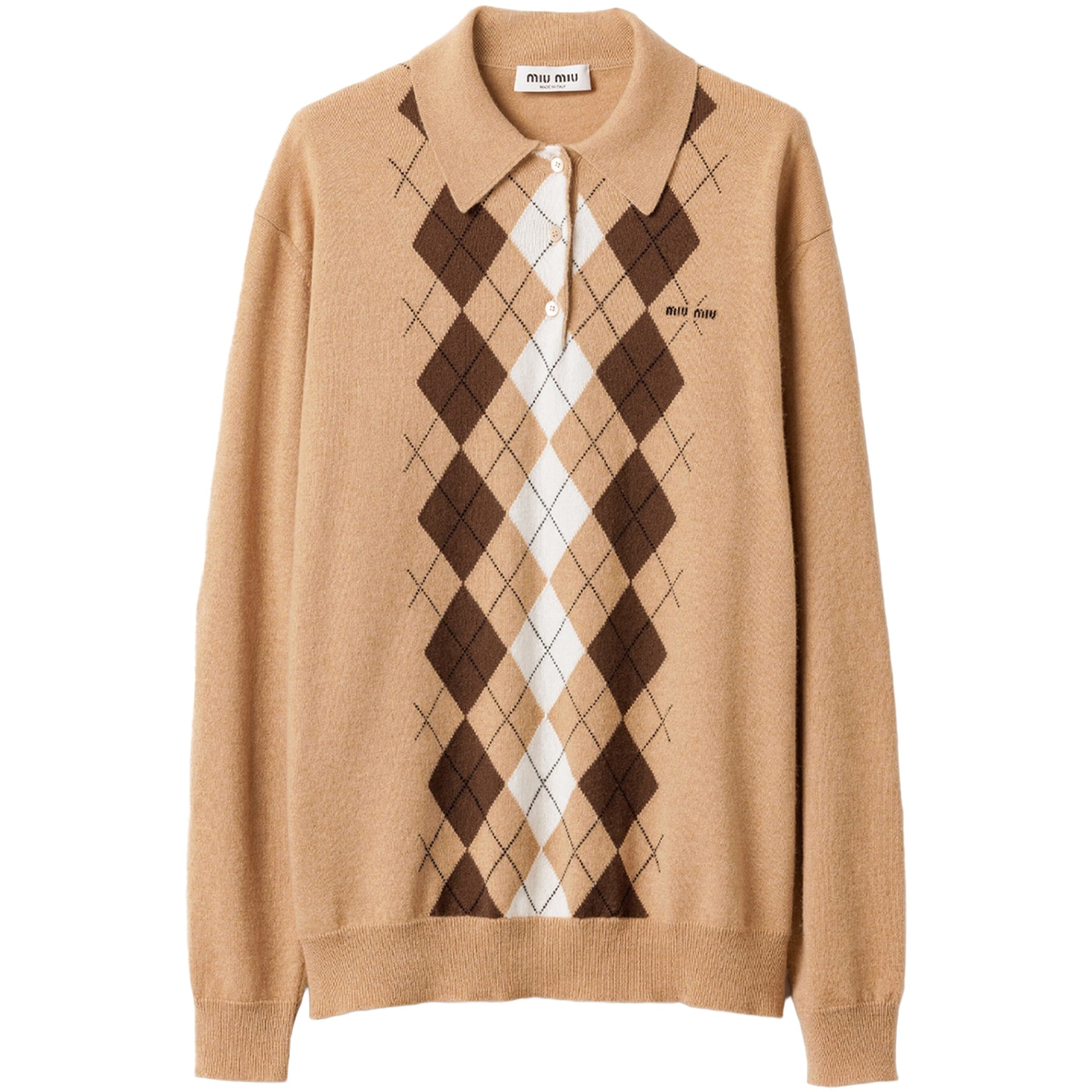 Brown Cashmere Argyle Polo Sweater