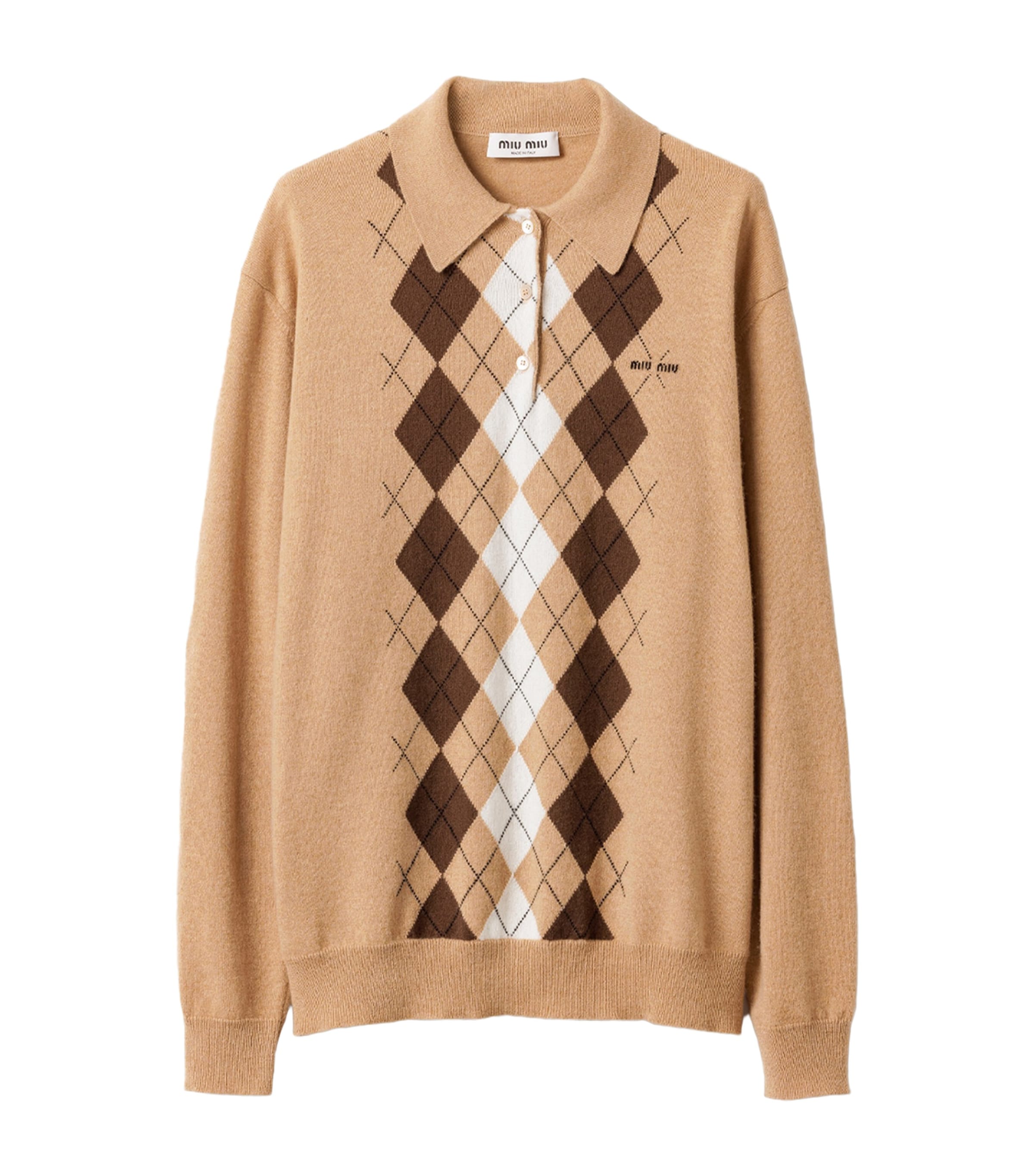 Brown Cashmere Argyle Polo Sweater