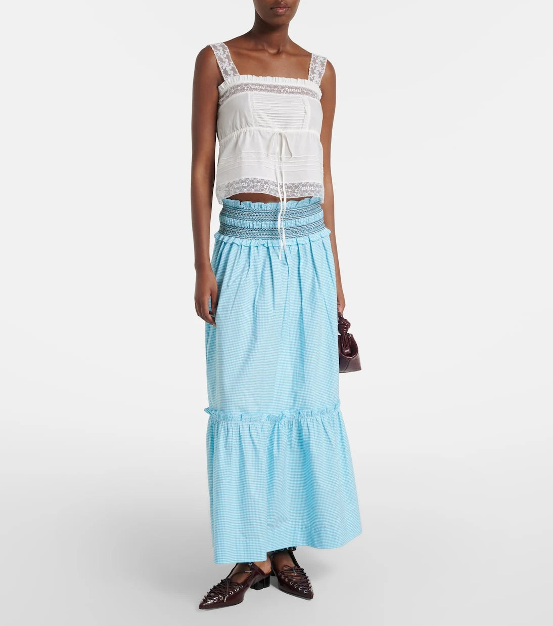 Ganni - Lace-trimmed ruffled cotton crop top