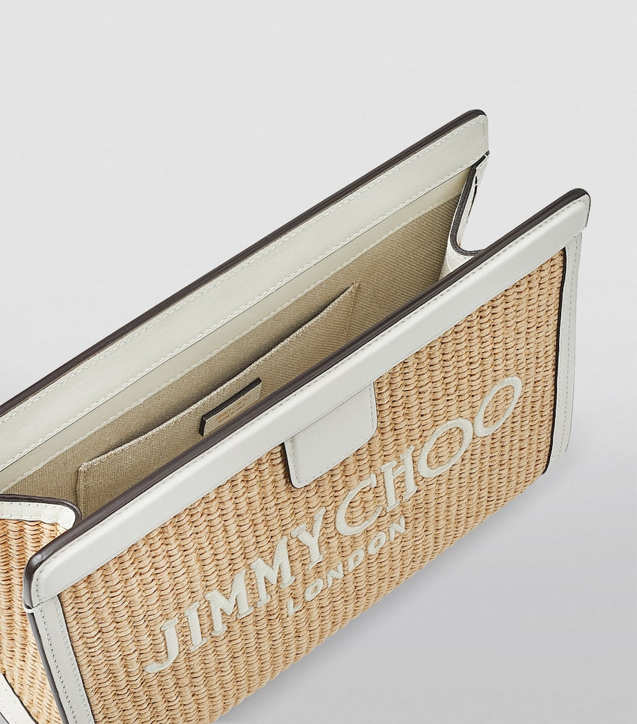 White Raffia Leather-Trim Avenue Pouch