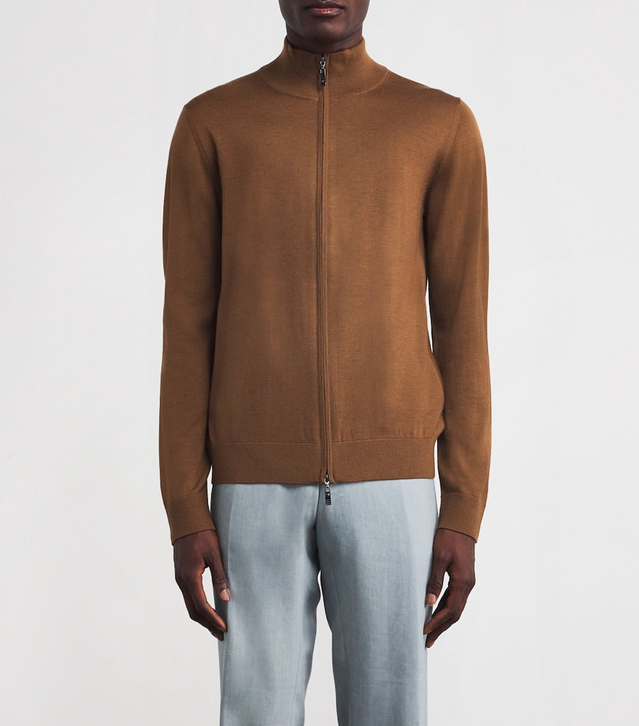 Pal Zileri Brown Wool Zip-Up Cardigan