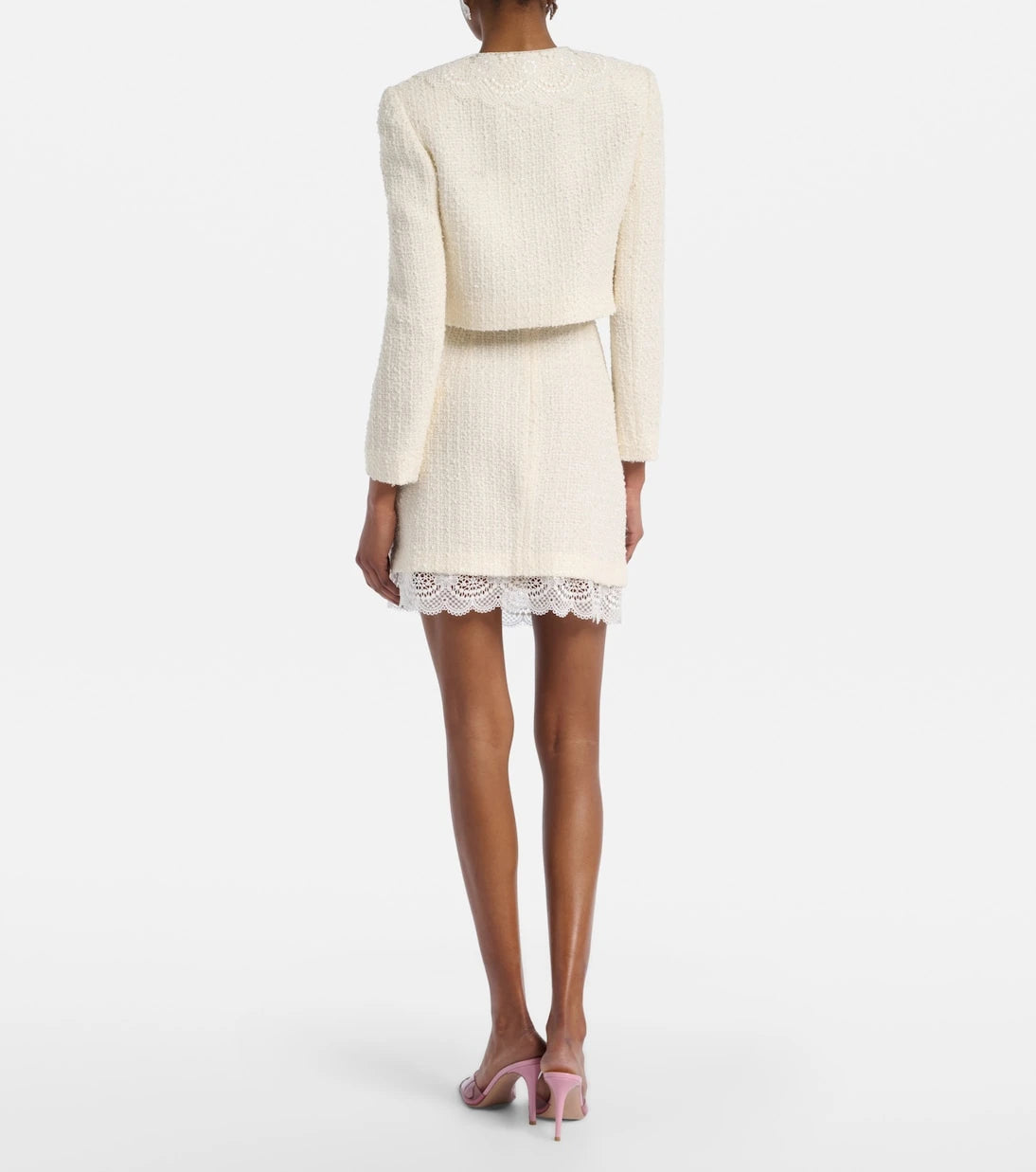 Self-Portrait - Lace-trimmed bouclé miniskirt