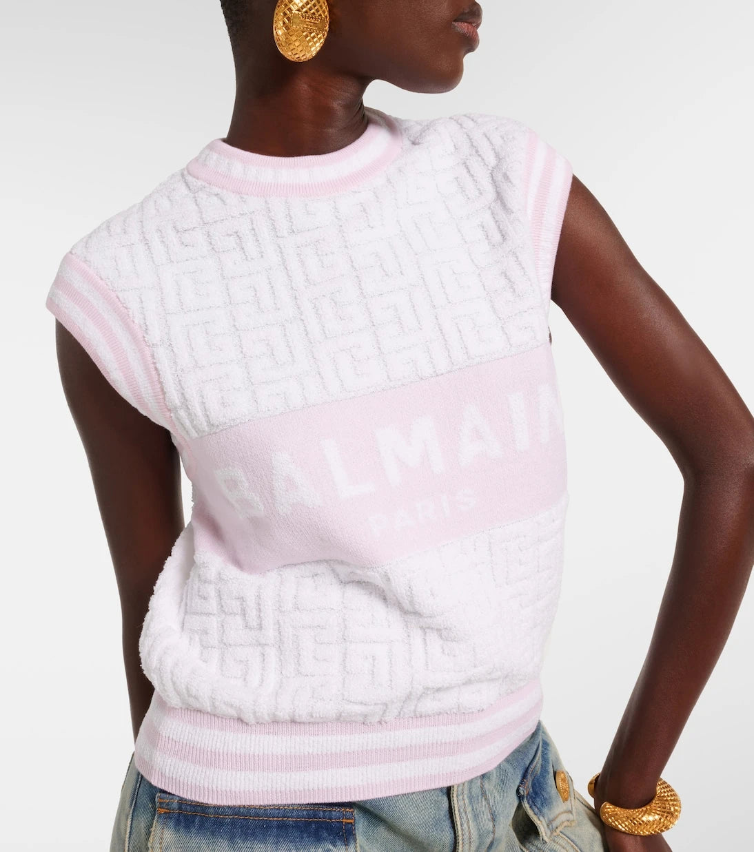 Balmain - Monogram wool and cotton-blend knitted top