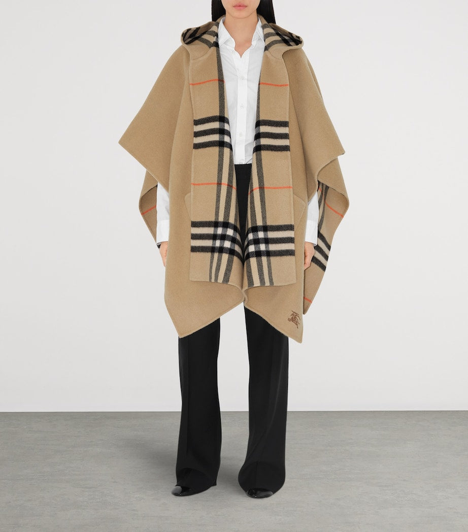 Beige Cashmere Reversible Check Hooded Cape