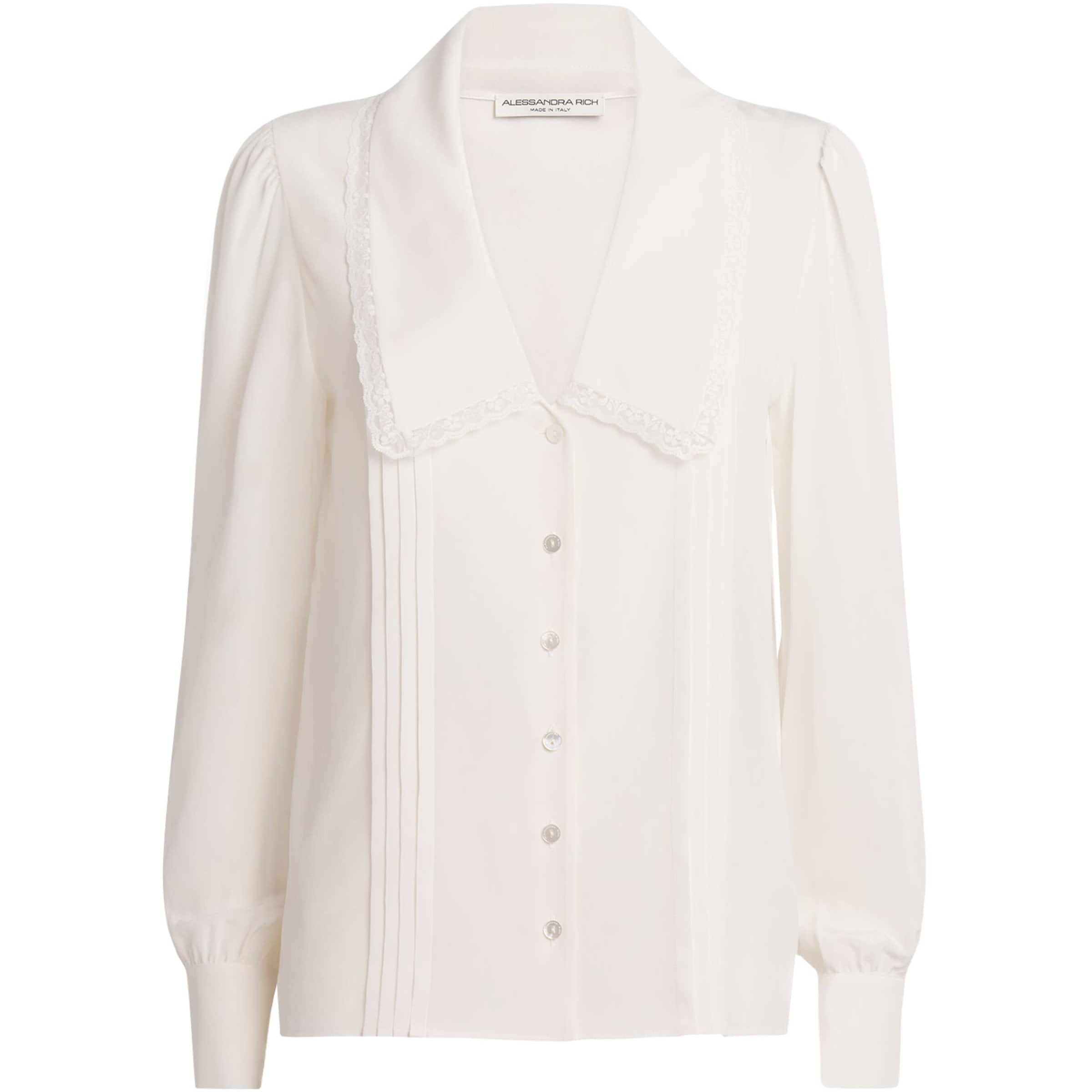 White Silk Lace-Trim Blouse