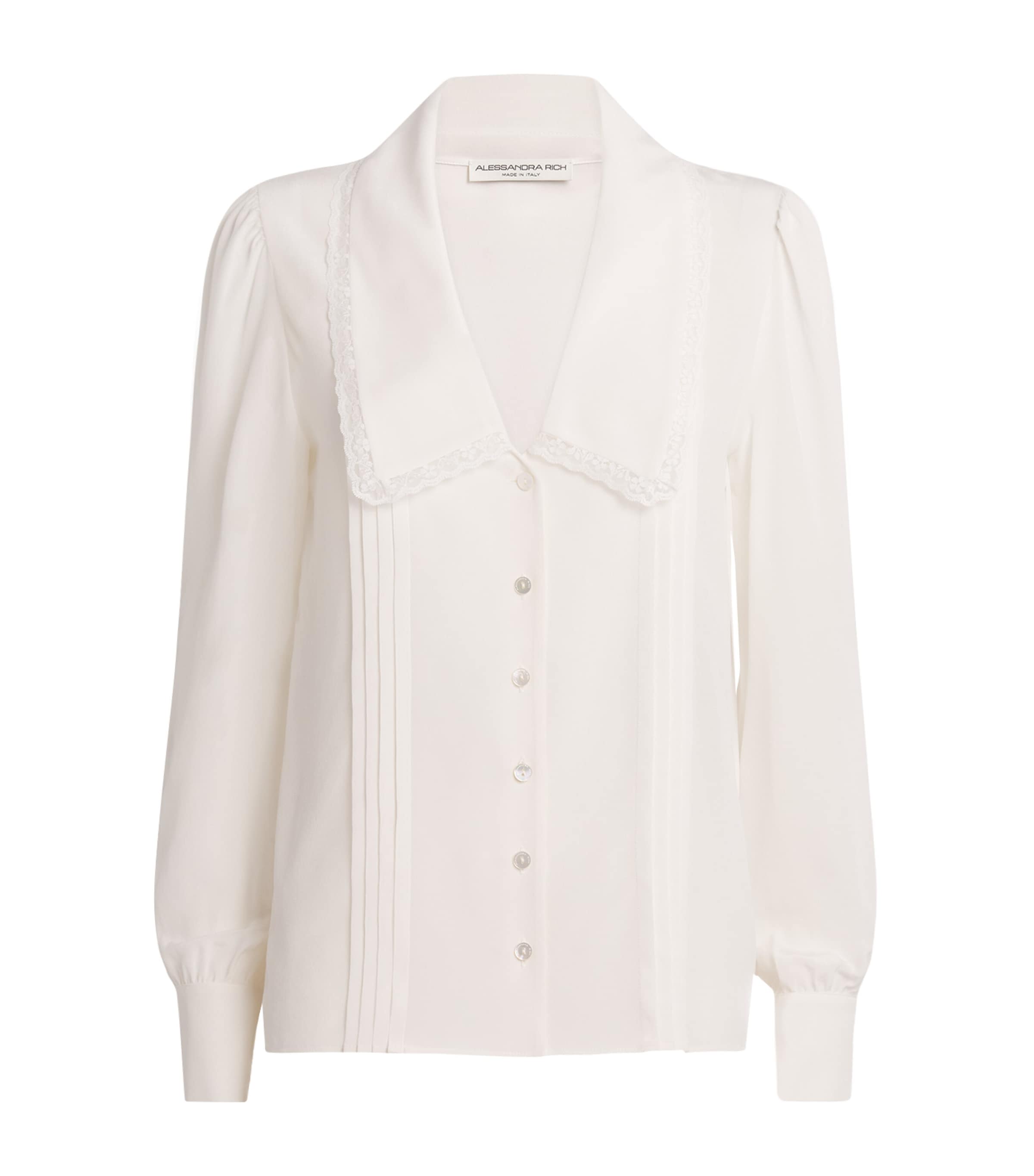 White Silk Lace-Trim Blouse