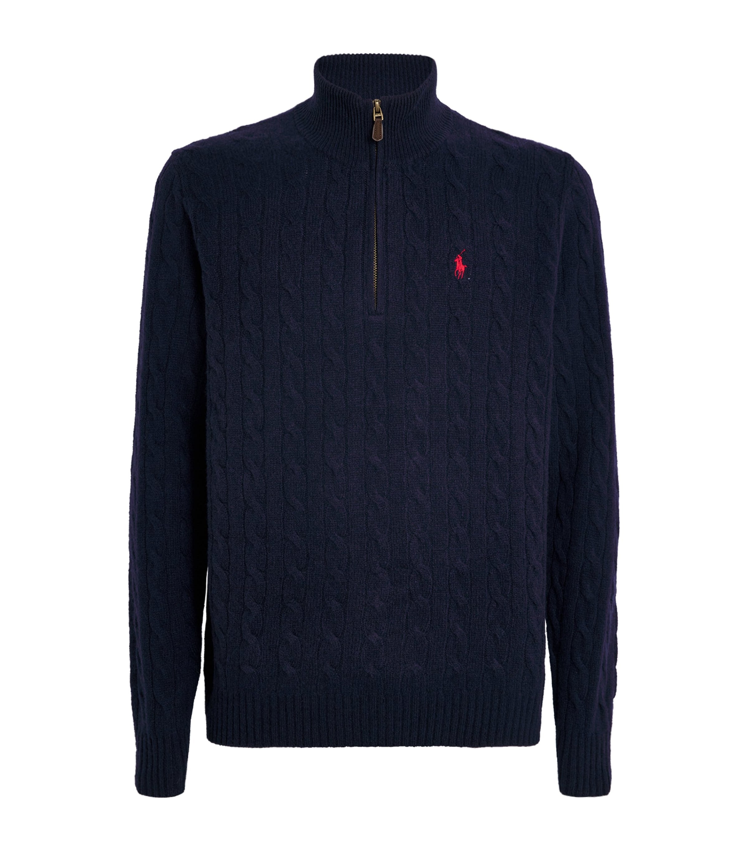 Polo Ralph Lauren Blue Wool-Cashmere Cable-Knit Quarter-Zip Sweater