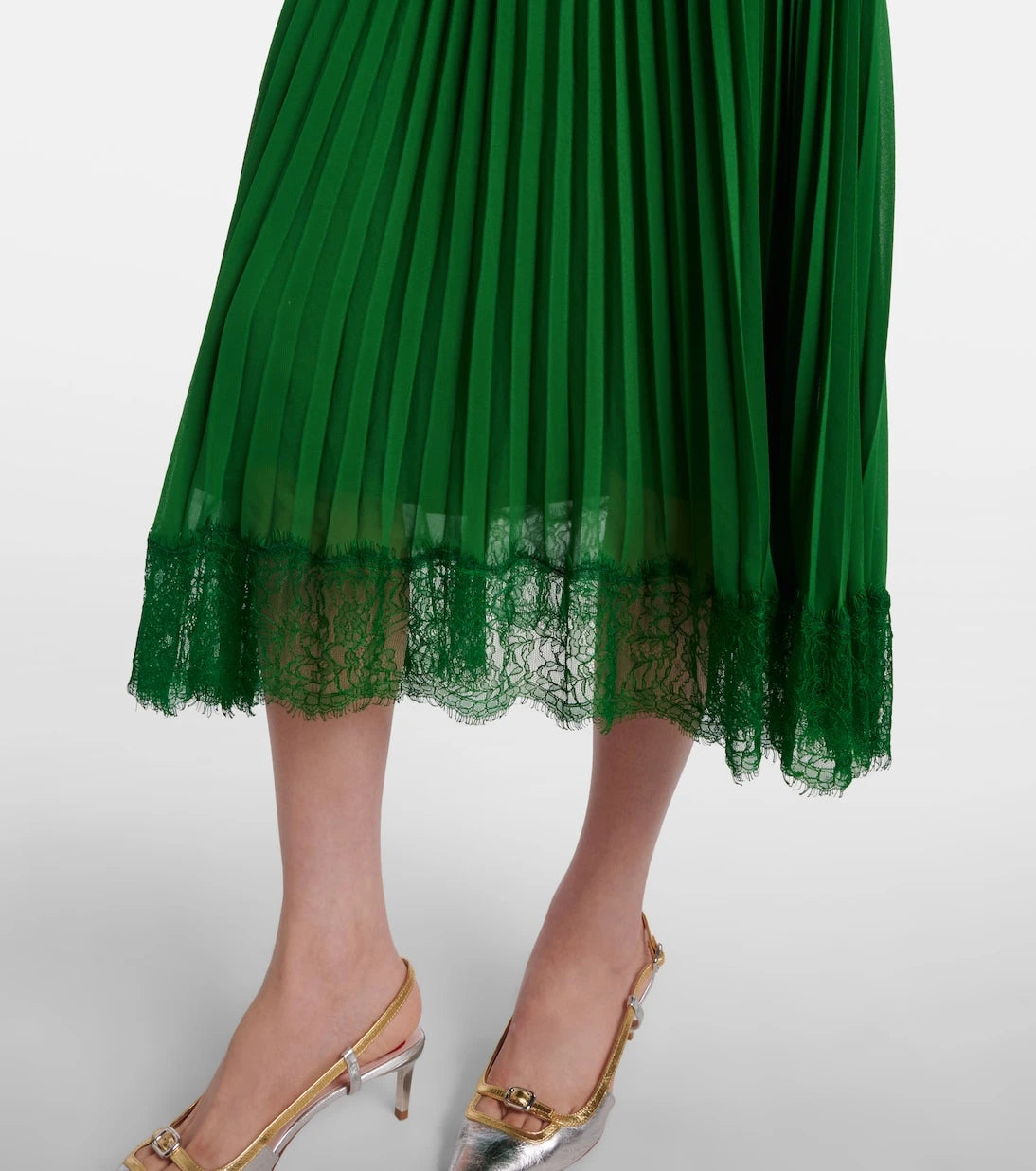 Self-Portrait - Lace-trimmed plissé chiffon midi dress