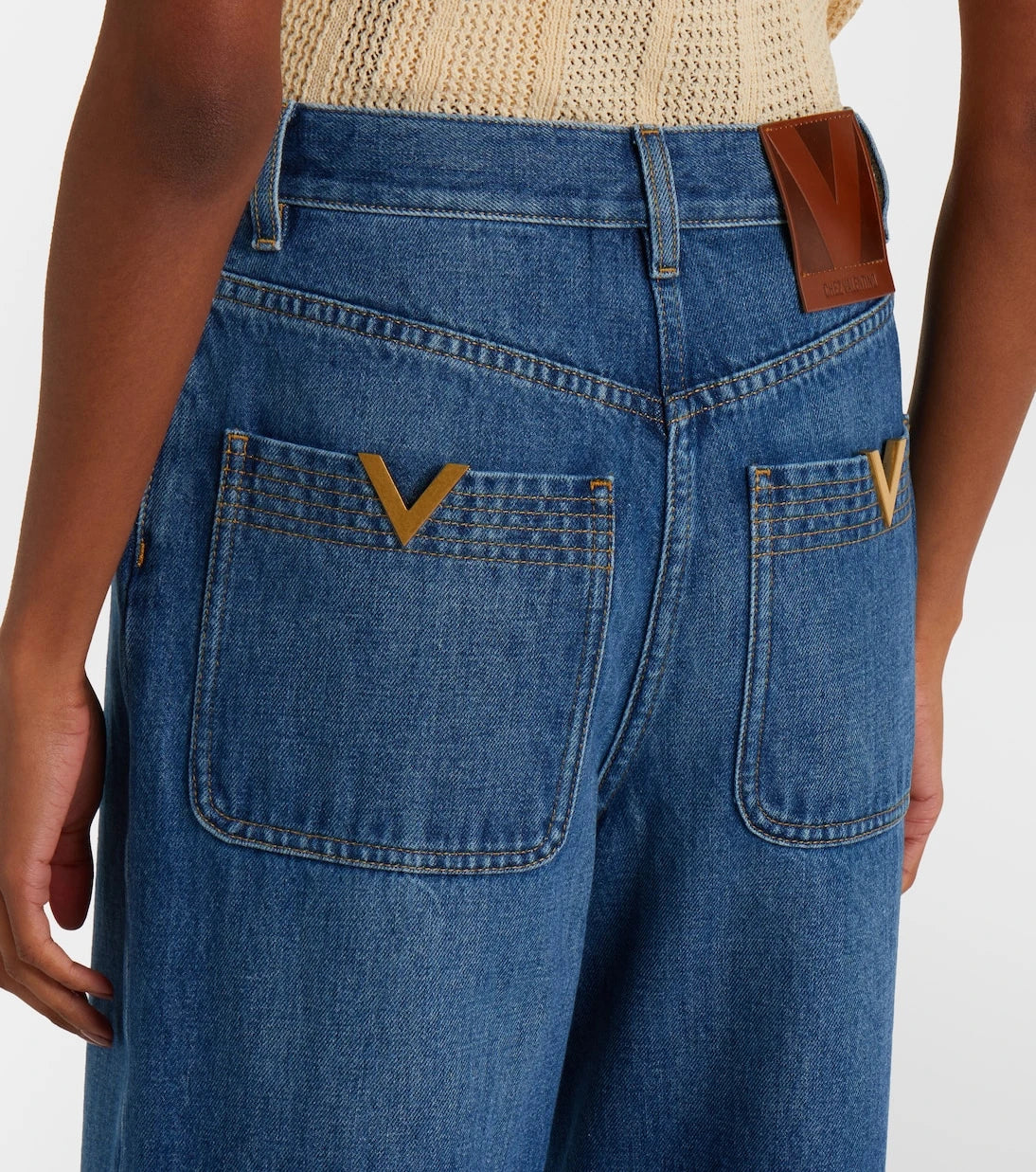 Valentino - Leather-trimmed wide-leg jeans