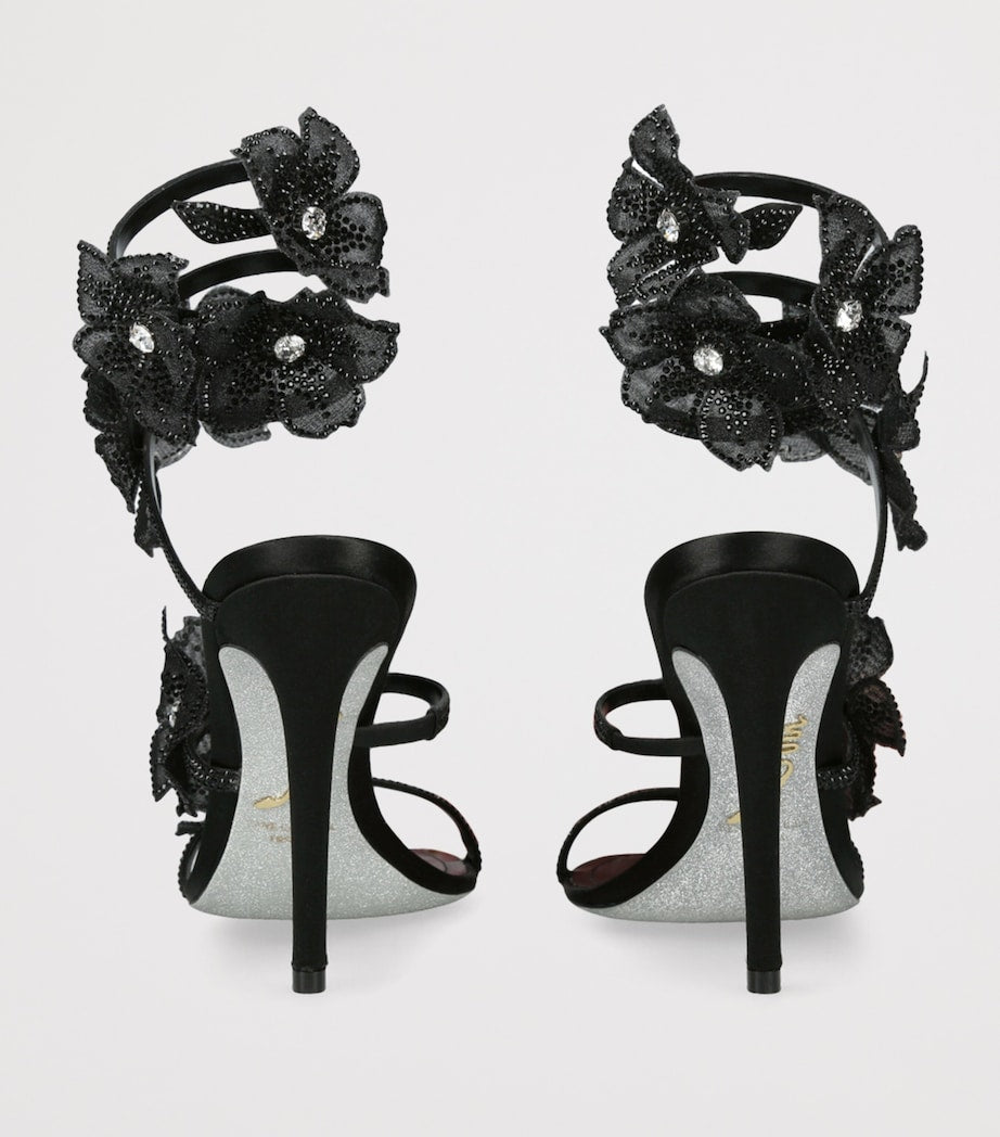 René Caovilla Black Satin Floral Cleo Sandals 105