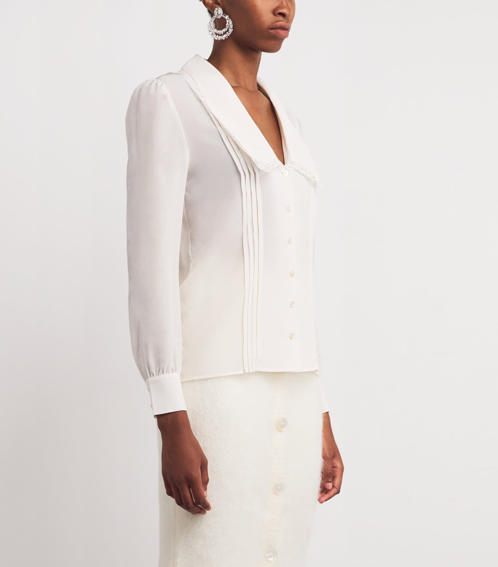 White Silk Lace-Trim Blouse