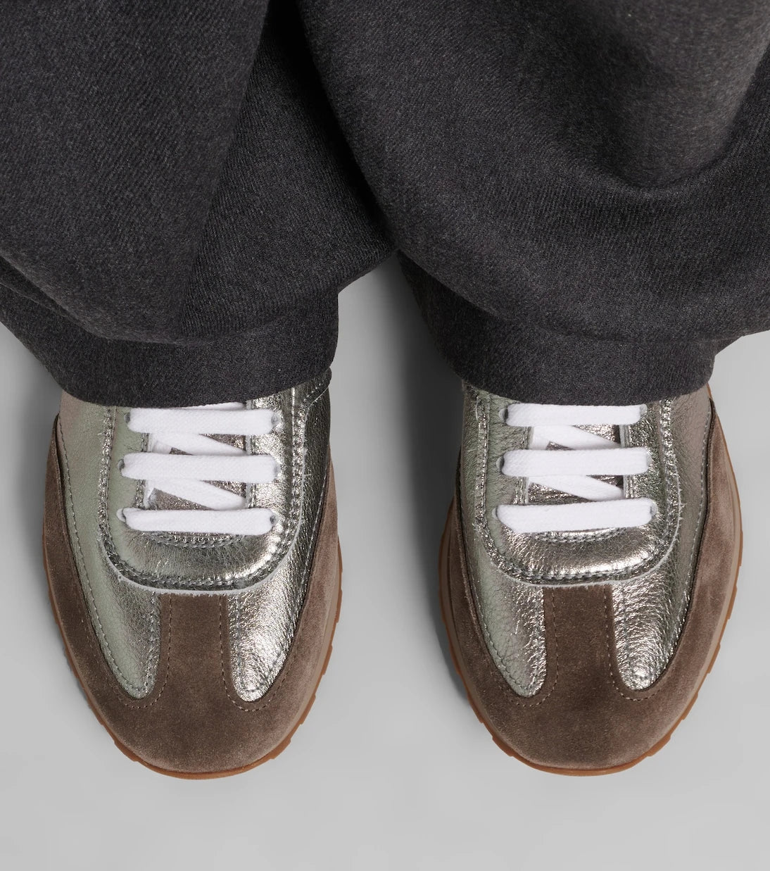 Brunello Cucinelli - Monili suede-trimmed metallic leather sneakers